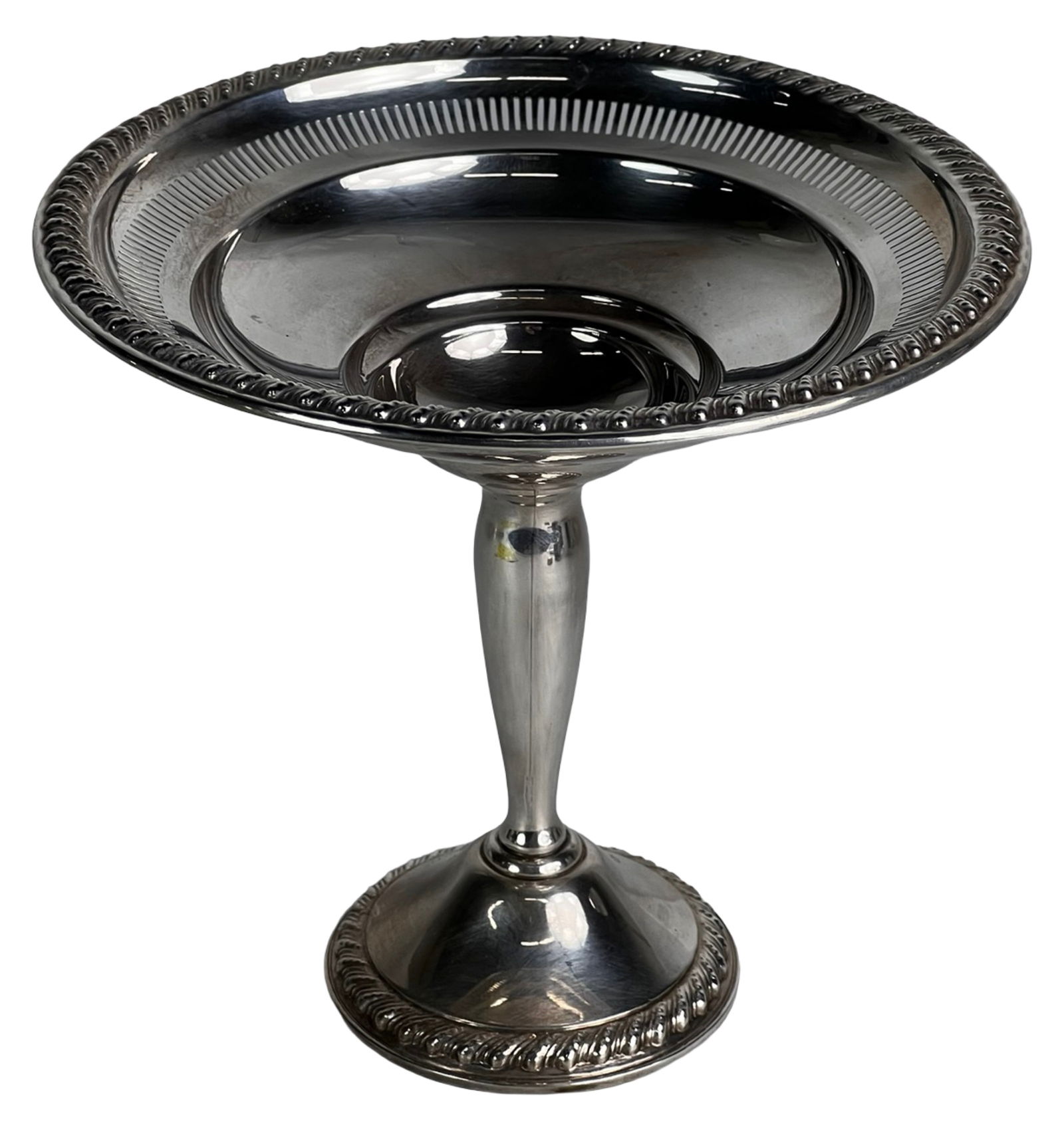 Rogers Sterling Silver Pedestal Compote Bowl: Elegant vintage Rogers sterling silver pedestal compote featuring a classic tazza form with a wide, shallow bowl raised on a tapered stem and circular foot. The rim is accented with a refined beaded