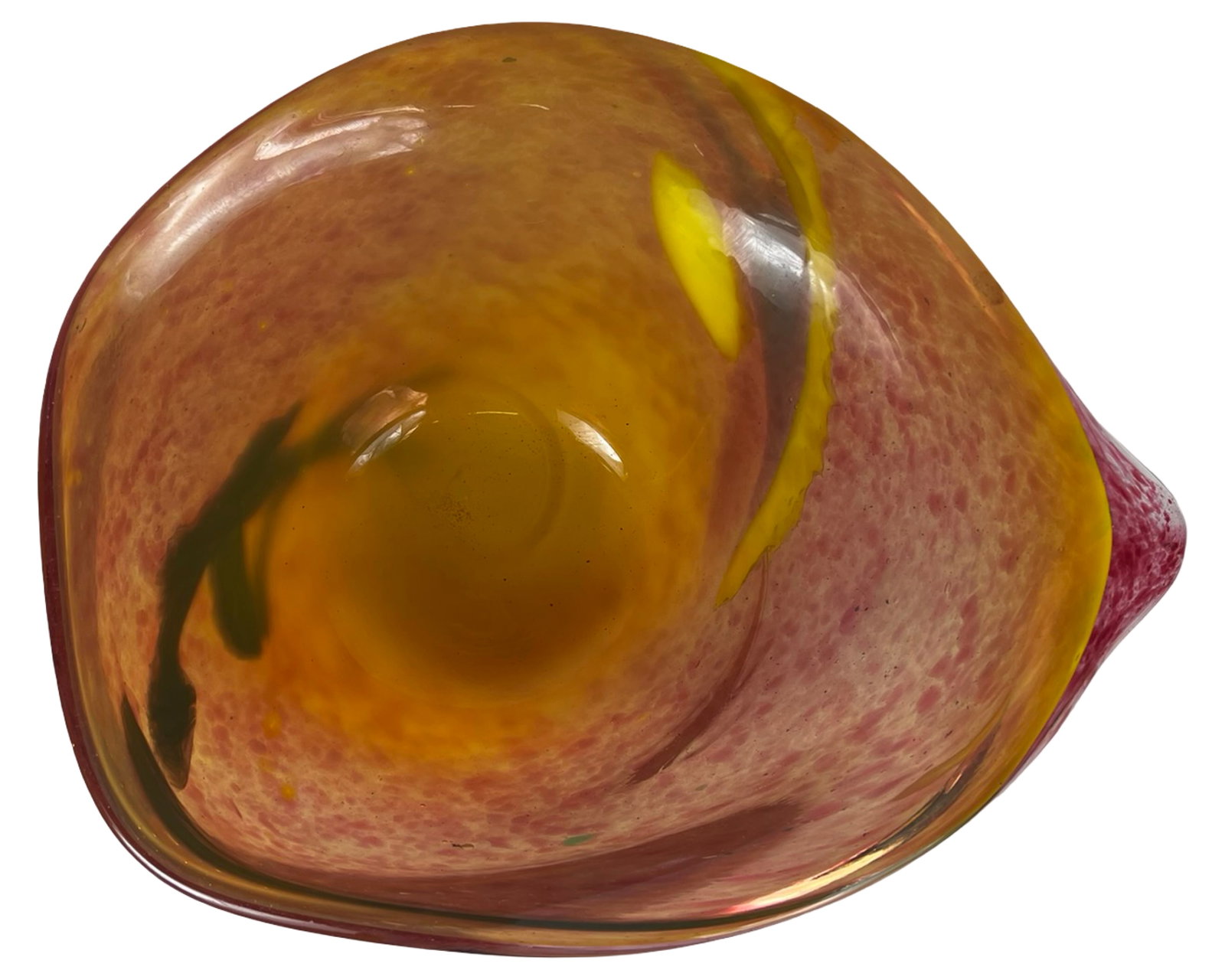 Vintage Studio Art Glass Freeform Bowl Amber Red: Freeform studio art glass bowl featuring a rich blend of amber, red, and yellow tones with organic flowing form and pulled rim design. The piece displays mottled coloration with layered depth and move