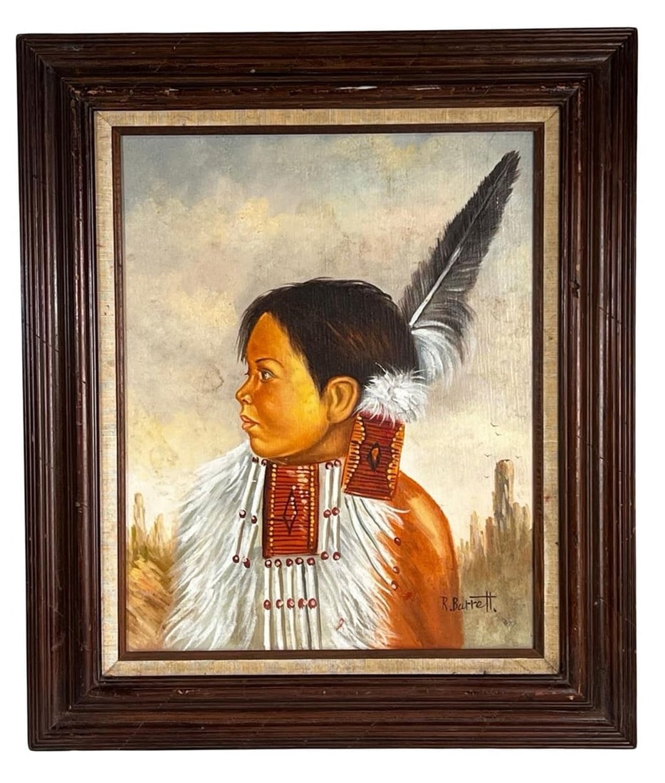 R. Barrett Native American Boy Portrait Painting: Expressive portrait of a Native American boy shown in profile, painted in warm, natural tones with thoughtful attention to facial detail and traditional attire. The figure is adorned with a feather