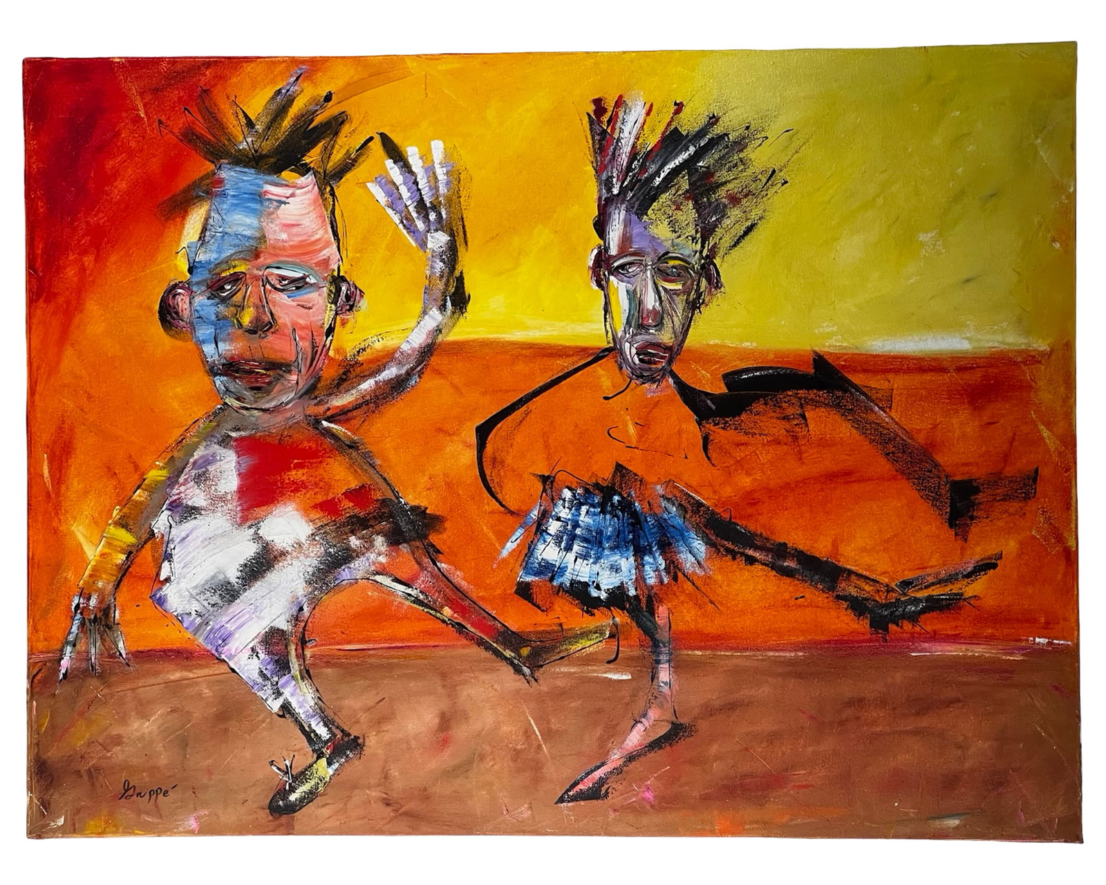 Scott Gruppe - Expressionist Figural Oil Painting: Bold and energetic original oil on canvas by Key West artist Scott Gruppe, featuring two stylized, animated figures rendered in his signature expressive style. The composition is set against a vivid,