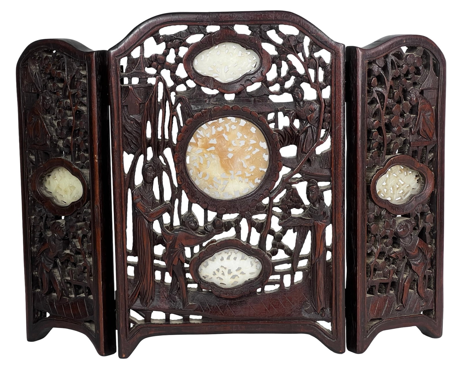 Antique Chinese Carved Wood & Jade Tabletop Screen (1 of 7)