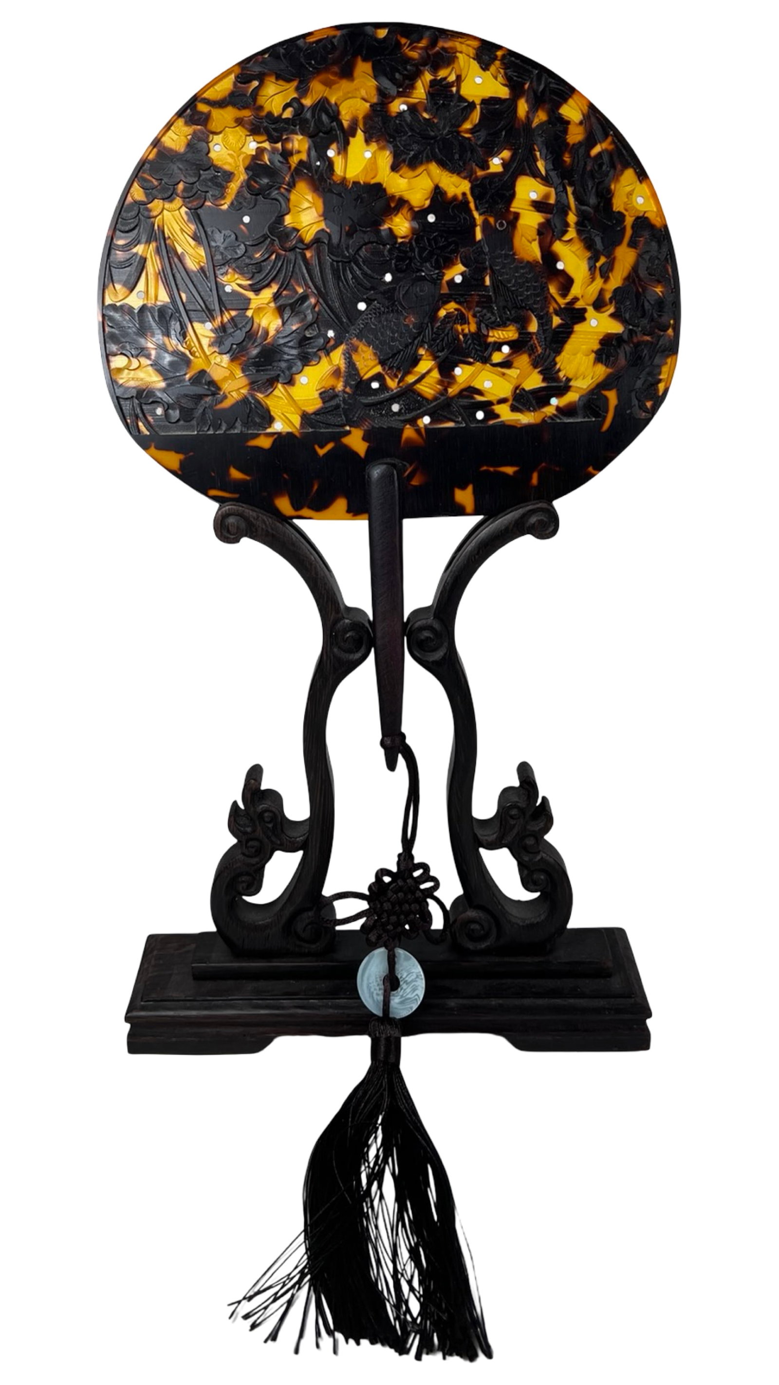 Chinese Carved Wood & Tortoise Shell Fan Screen (1 of 4)