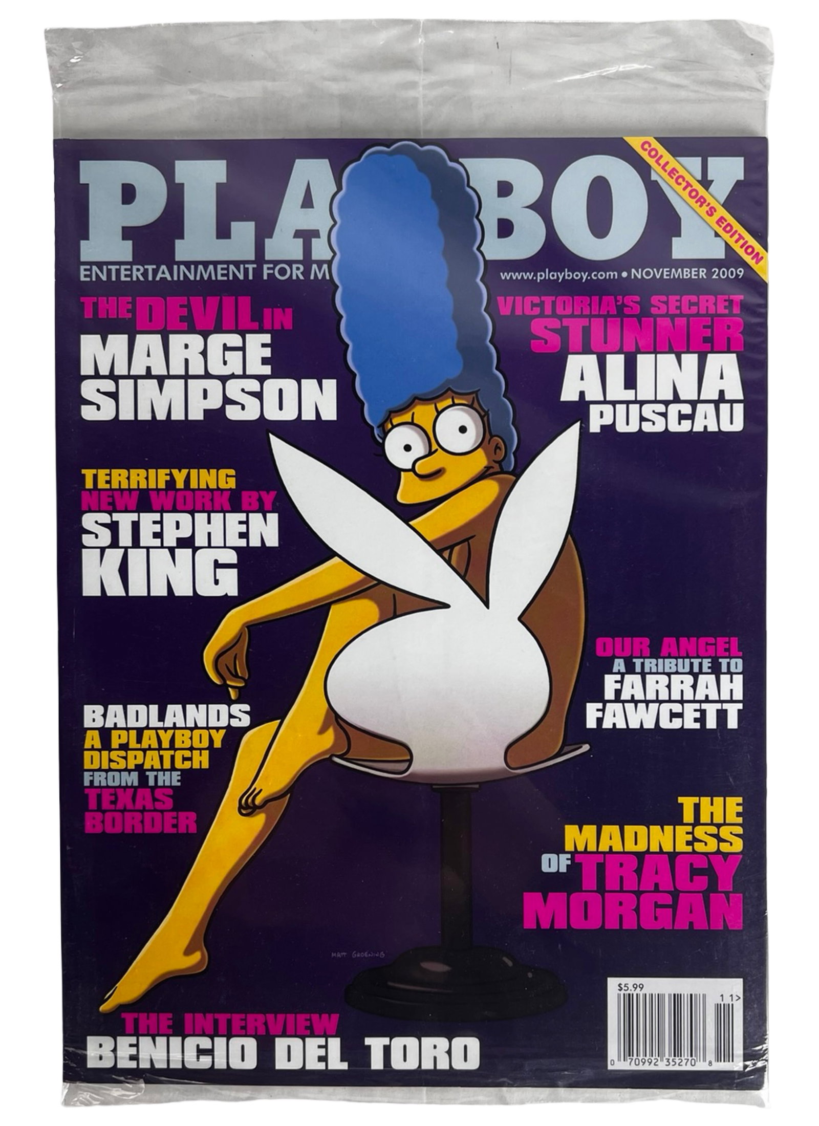 Playboy - Marge Simpson 2009 Collector's Edition: November 2009 issue of Playboy magazine featuring the memorable and widely discussed cover with Marge Simpson in a classic parody pose. This special edition includes a tribute to Farrah Fawcett,