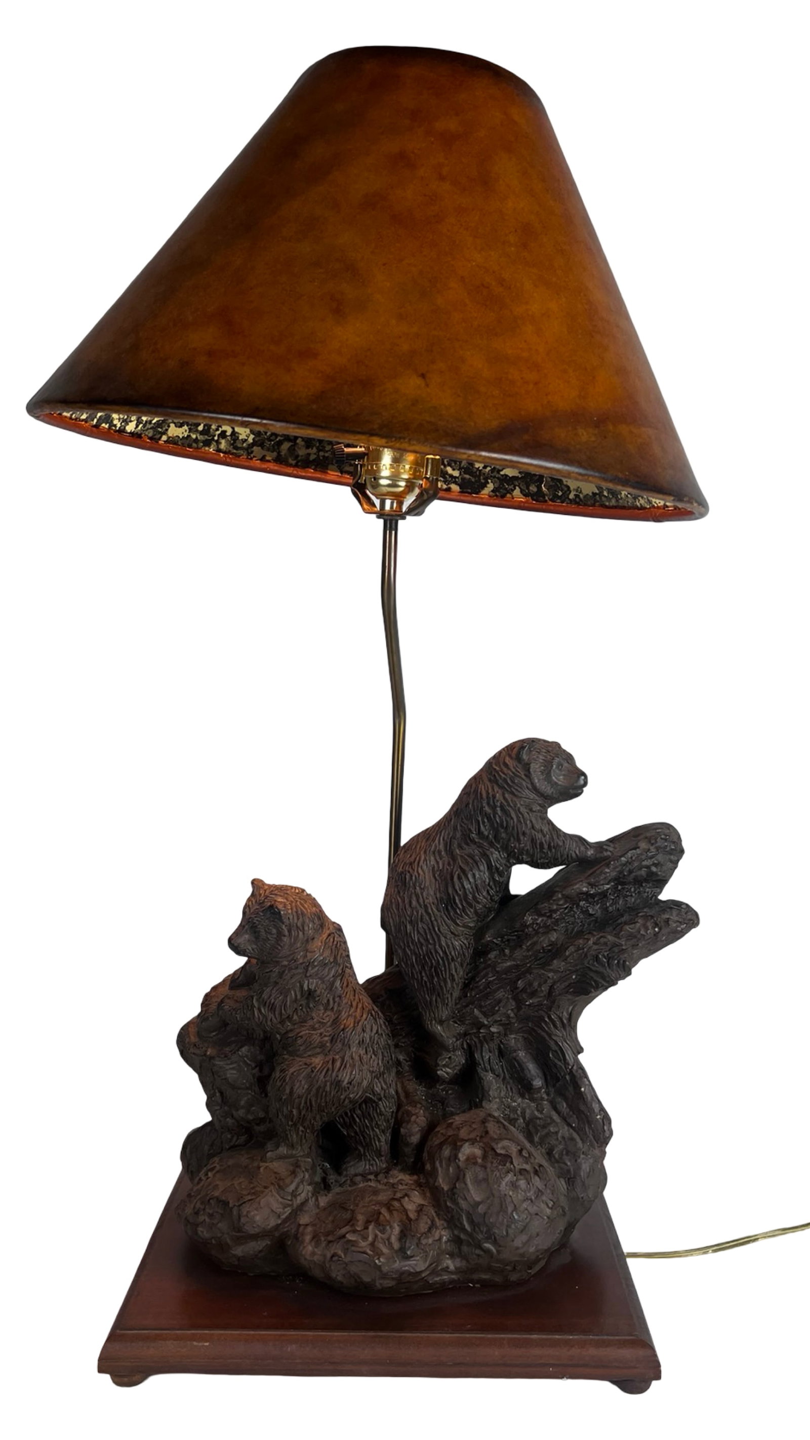 Cabin Lodge Style Rustic Bear Family Table Lamp: Rustic lodge-style table lamp featuring a detailed sculptural base of a bear family climbing over a fallen log. The textured design captures a natural woodland scene, making it a great accent piece