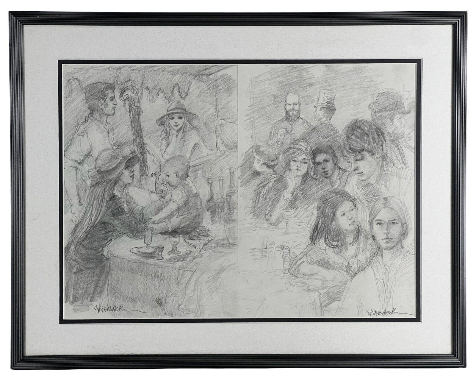 Figural Graphite Drawings Diptych Signed Hrasek: Framed pair of figural graphite drawings presented as a diptych composition, each signed lower corner "Hrasek" (possibly Hrásek). The scenes depict lively interior moments, including a domestic mater