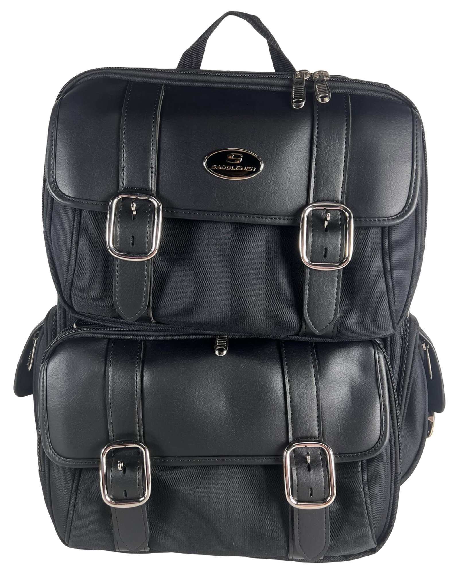 Saddlemen Expandable Sissy Bar Bike Travel Bag New: Saddlemen S3200DE expandable sissy bar bag designed for motorcycle touring and long-distance travel. Constructed with durable black textile and synthetic trim, featuring multiple zippered compartments