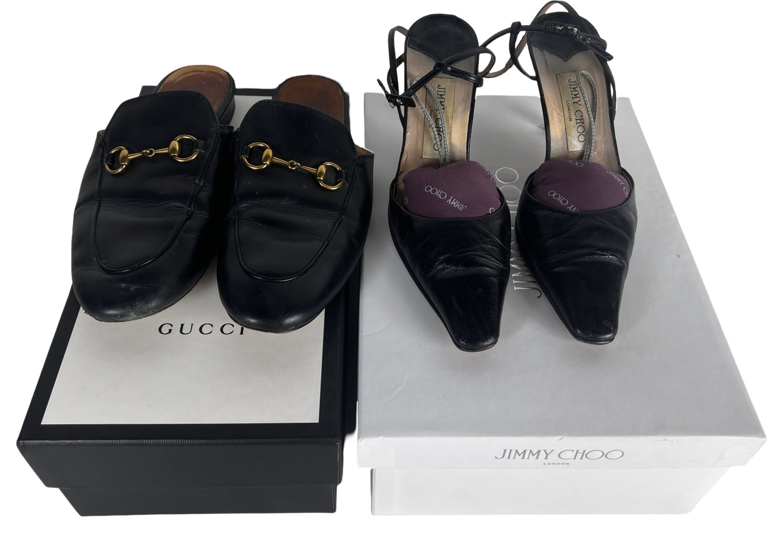 Gucc i& Jimmy Choo Designer Lady's Mules & Heels: Designer shoe lot featuring Gucci Princetown black leather mules with signature gold-tone horsebit hardware, paired with Jimmy Choo London black leather slingback ankle strap heels. Both classic