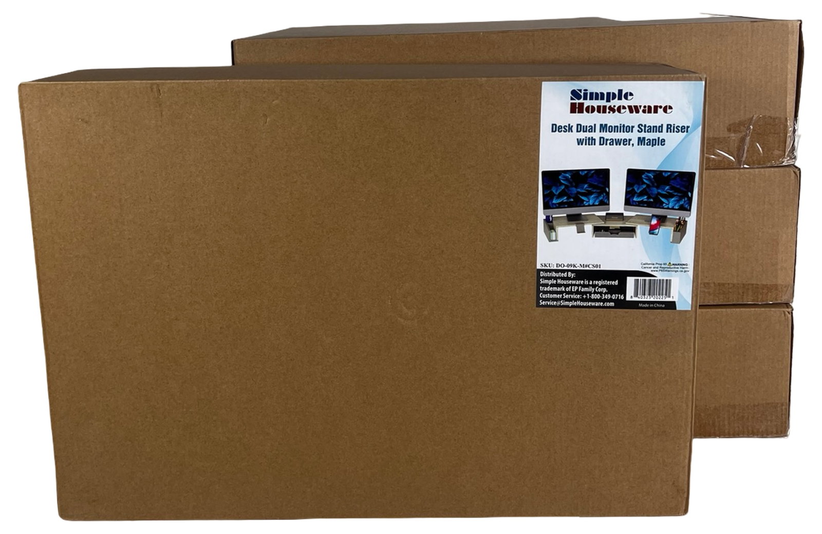 4 Simple Houseware Desk Dual Monitor Stand Risers: Set of four Simple Houseware desk dual monitor stand risers with built-in drawer, finished in maple tone. Designed to elevate monitors for improved ergonomics while providing convenient storage space