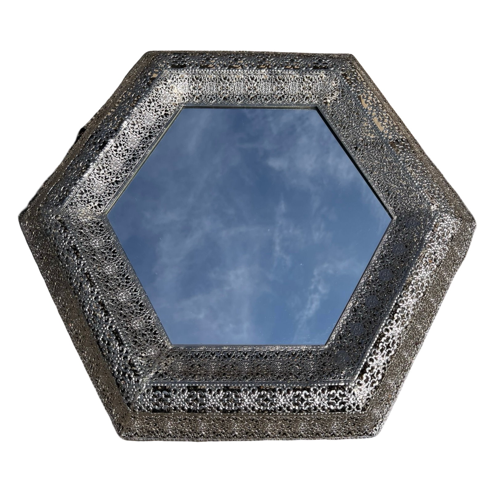 Hexagonal Hammered Metal Wall Mirror Pierced Frame (1 of 1)
