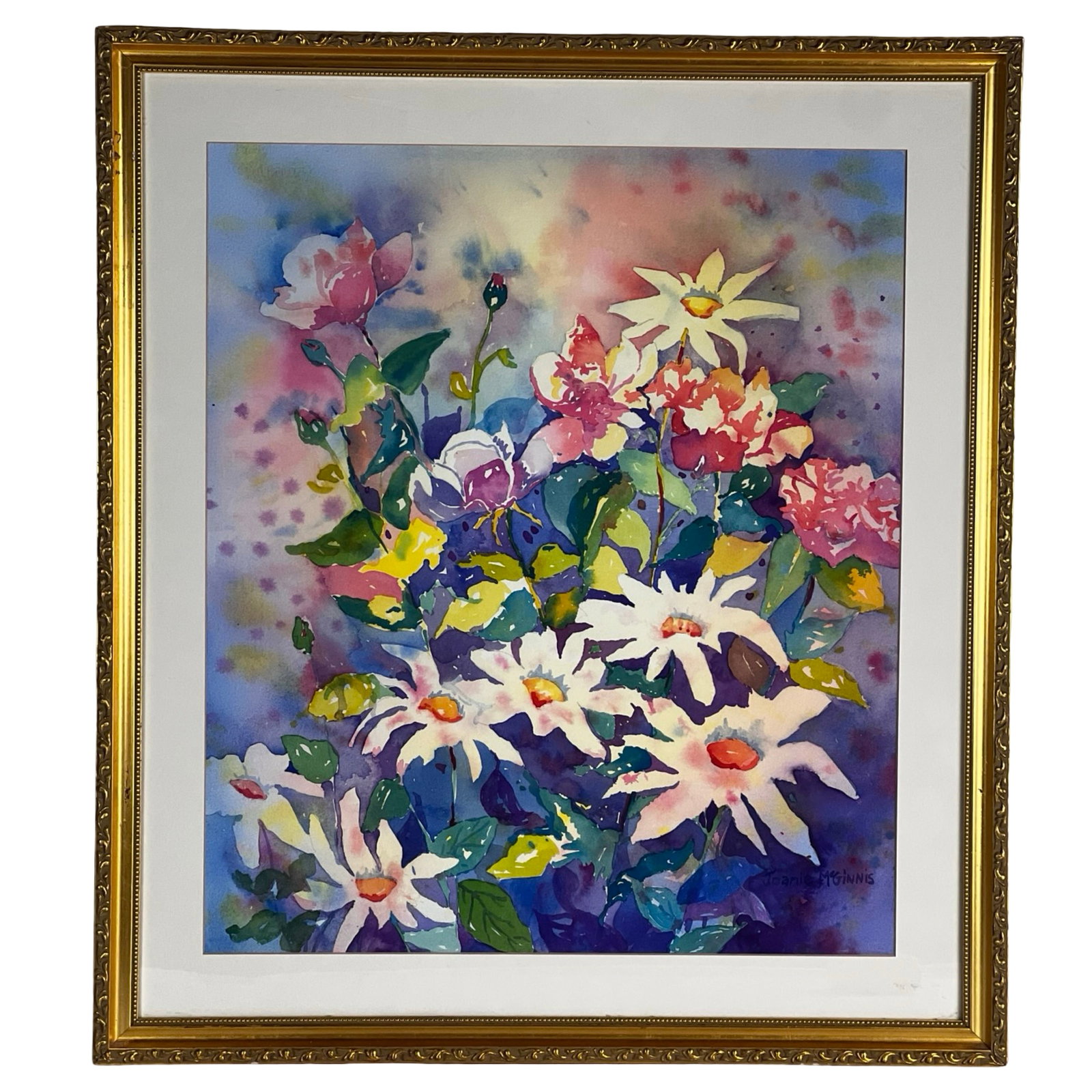 Joanie McGinnis Floral Still Life Watercolor: Vibrant floral still life watercolor painting by Joanie McGinnis, rendered in a loose, expressive style. The composition features a lively bouquet of daisies and blossoms, executed with fluid washes,