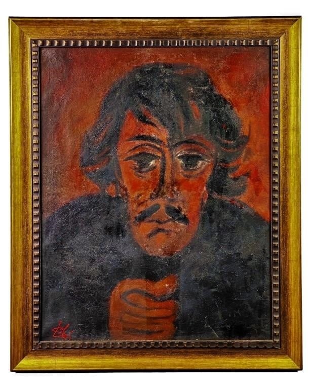 Salvador Dali (manner) Portrait of a Man Painting: Expressive oil on canvas portrait depicting a stylized male figure with elongated facial features and a somber, introspective expression. The composition utilizes a bold, limited palette dominated by