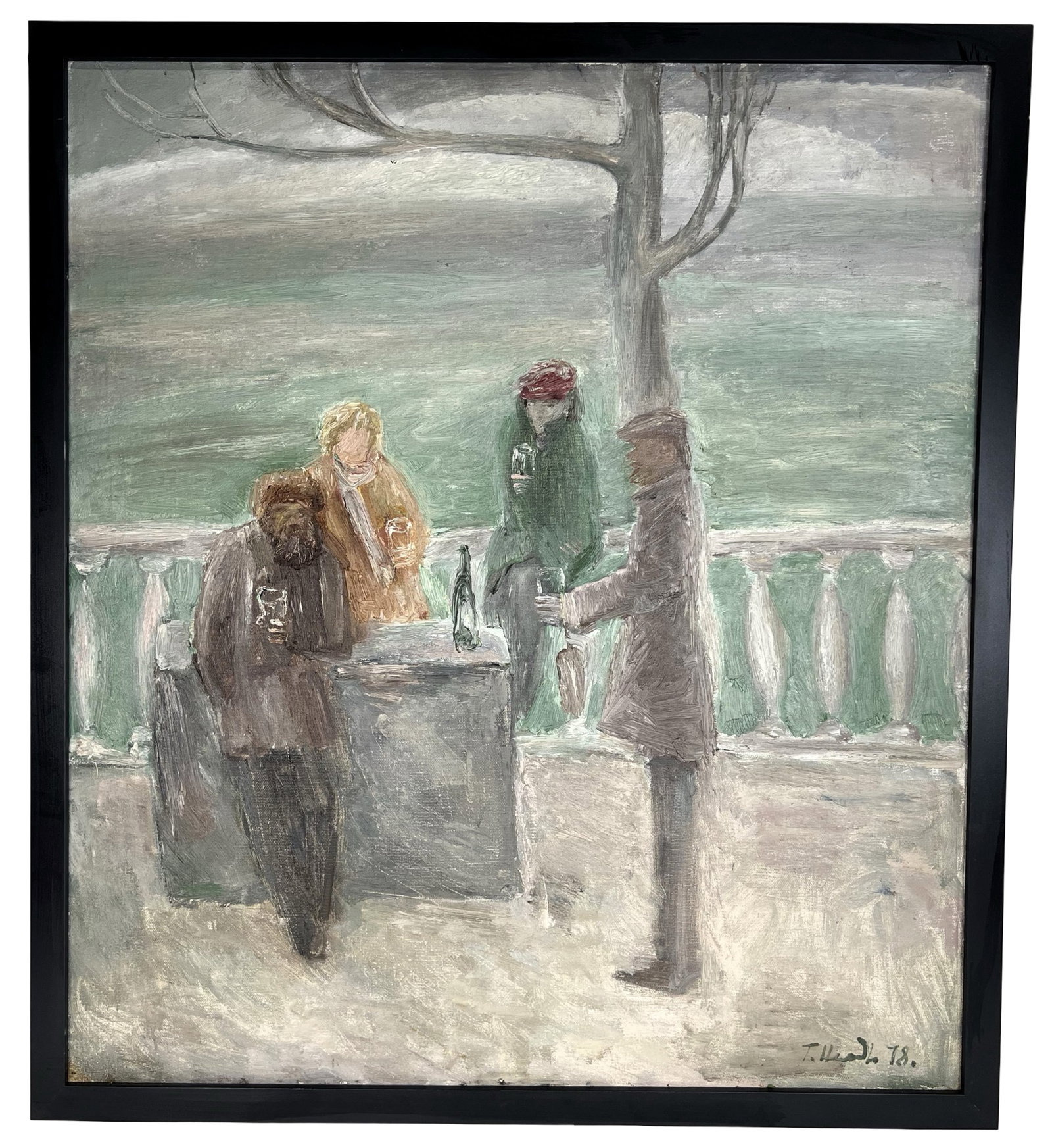 Halyna Neledva- Figurative Impressionist Painting: Expressive oil on canvas painting titled "Meeting of Friends" depicting a quiet social moment among figures gathered outdoors. The composition captures a subdued, introspective atmosphere, with
