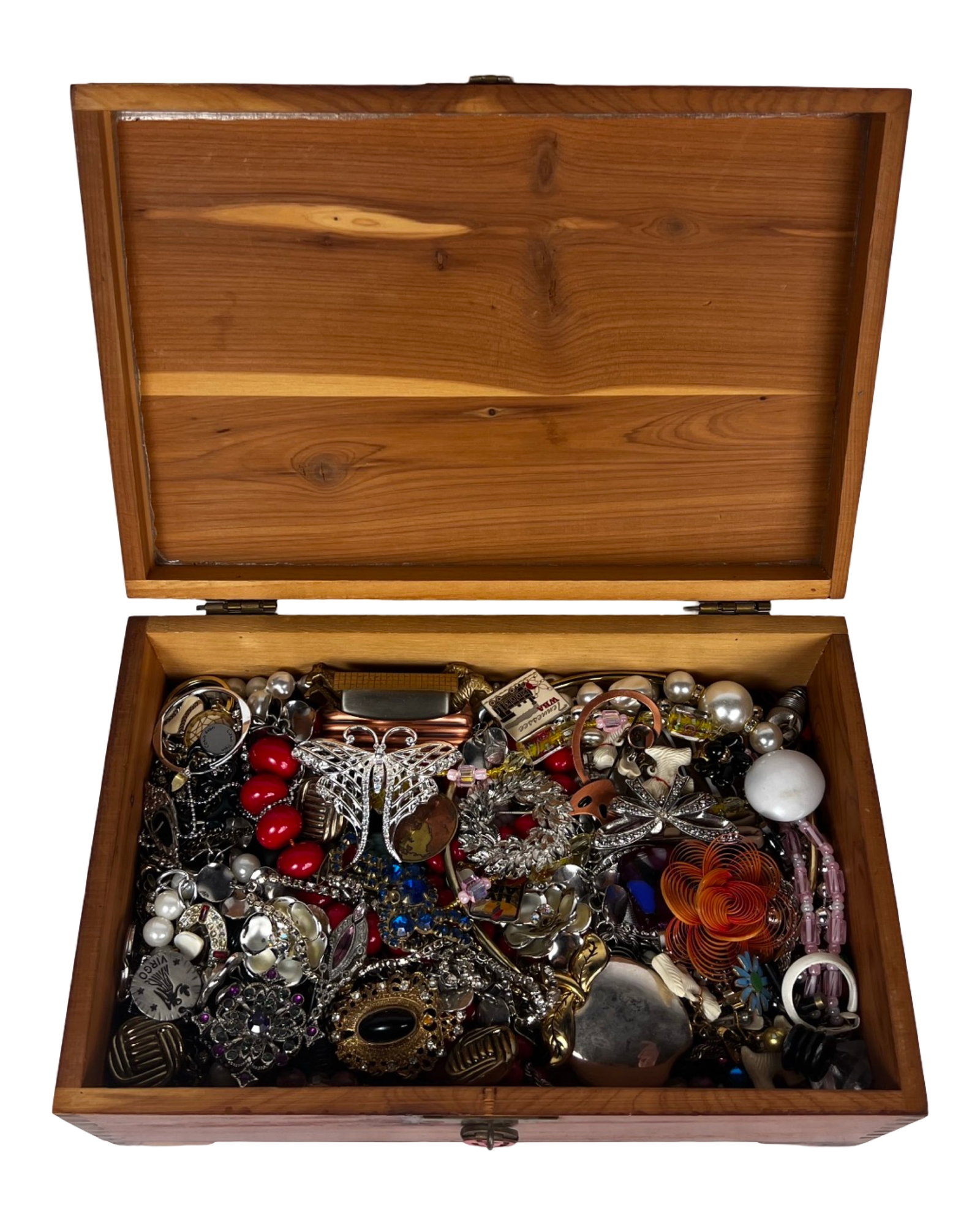 Box filled with Vintage Unsearched Costume Jewelry: A delightful mix of vintage costume and craft jewelry, offered unsearched and brimming with nostalgic charm. This varied collection features an array of styles, colors, and materials, including colorf