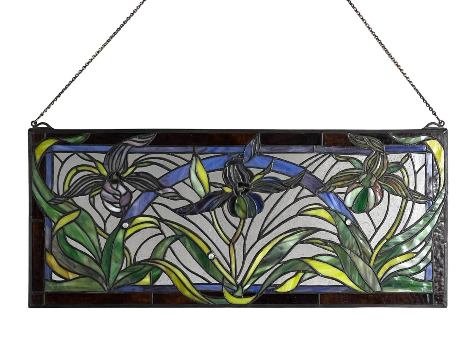 Meyda Tiffany Lady Slipper Stained Glass Window Pa: Decorative stained glass window panel by Meyda Tiffany, featuring an elegant Lady Slipper floral motif rendered in vibrant tones of green, blue, purple, and amber. The design showcases flowing botanic