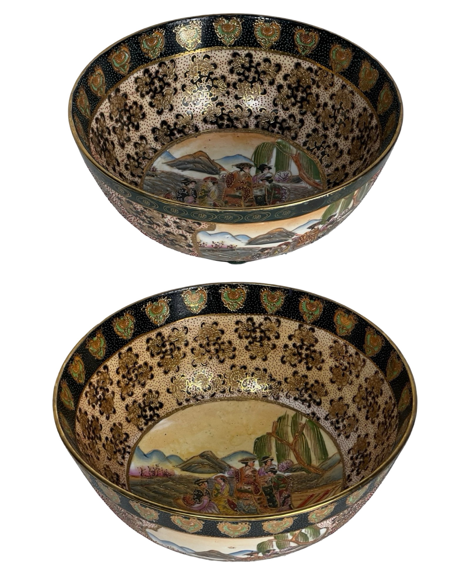 Pair of Large Japanese Satsuma Hand Painted Bowls: Striking pair of large vintage Satsuma ceramic bowls, richly decorated with traditional Japanese figural scenes and intricate gilt embellishments. Each bowl features a central hand-painted reserve dep