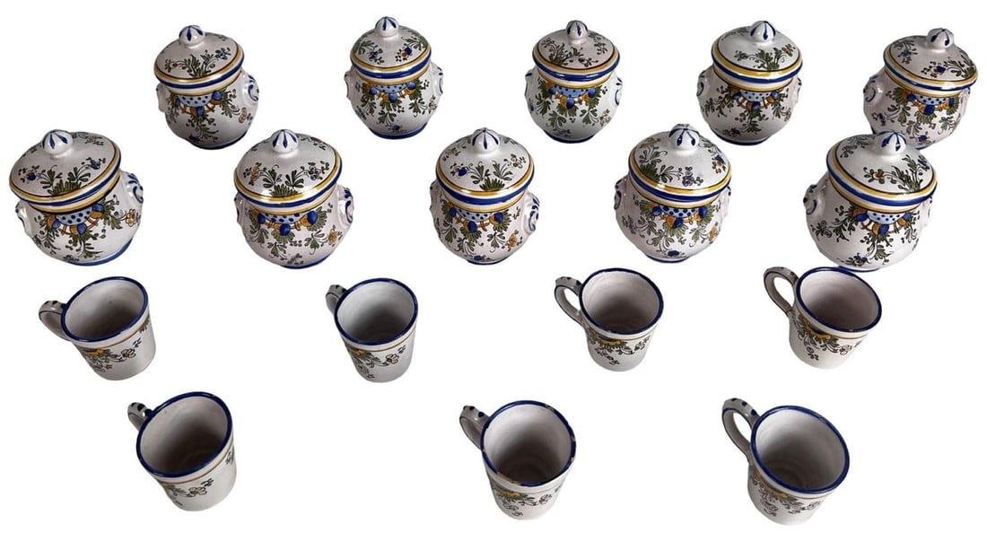Ricco Deruta Miniature Italian Lidded Bowls & Cups: Charming set of 17 hand-painted Italian pottery pieces in the traditional Ricco Deruta style, featuring 10 miniature lidded bowls and 7 matching cups. Each piece is decorated with vibrant floral