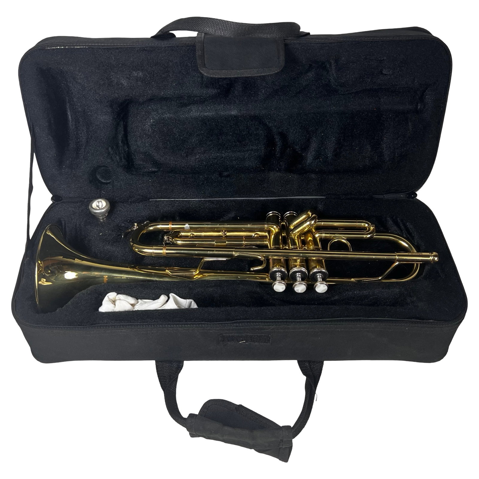 Mendini by Cecilio Brass Trumpet Model MTT-L: Mendini by Cecilio brass trumpet, model MTT-L, presented with original fitted carrying case. Features a lacquered brass finish, three piston valves, and standard Bb configuration. Condition: Overall g
