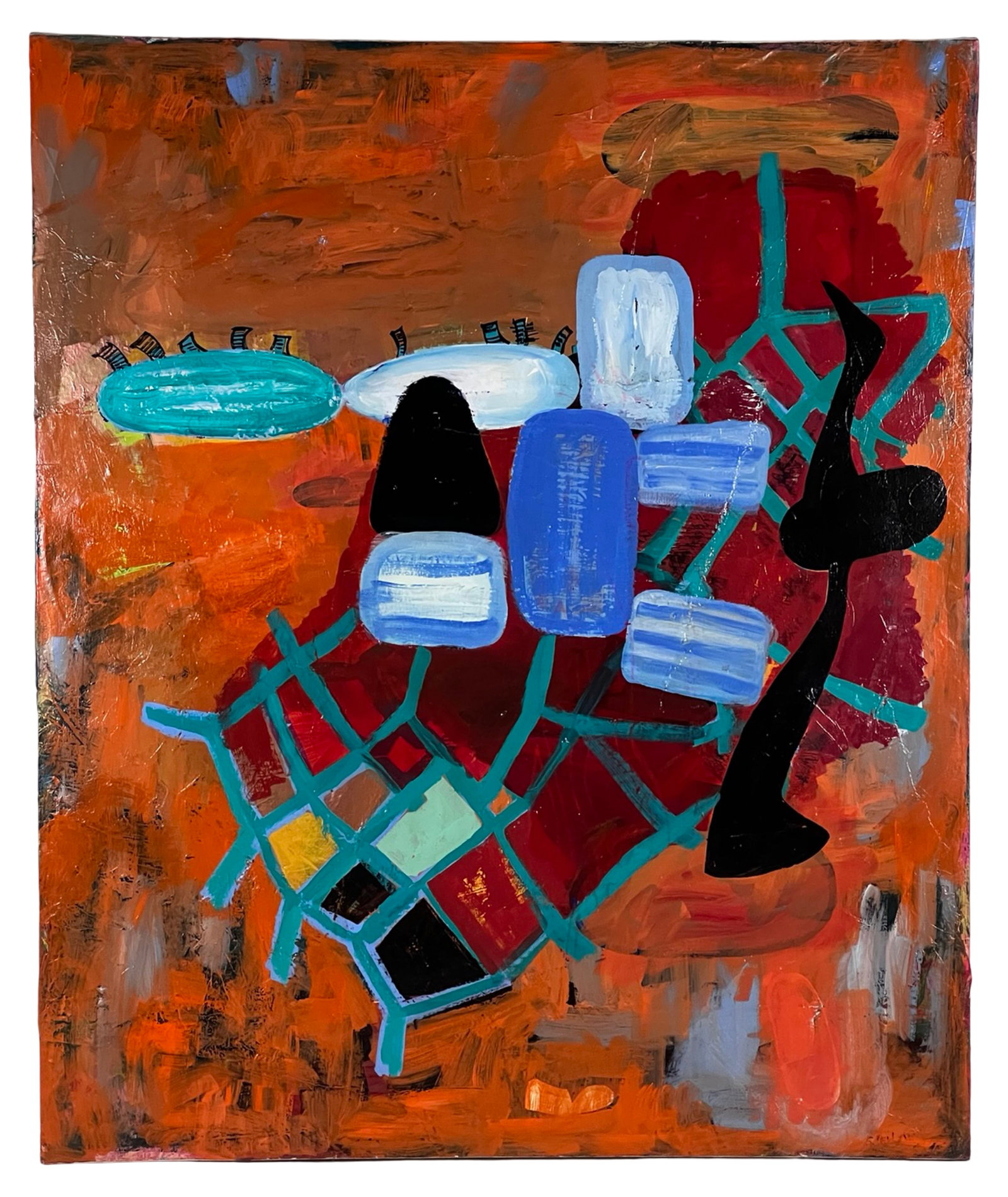 Sandra Perlow Abstract Expressionist Painting: Bold and energetic abstract composition by artist Sandra Perlow, titled "Flicking" and dated 2002. Executed in mixed media on canvas, the work features a dynamic interplay of vivid orange and red fiel