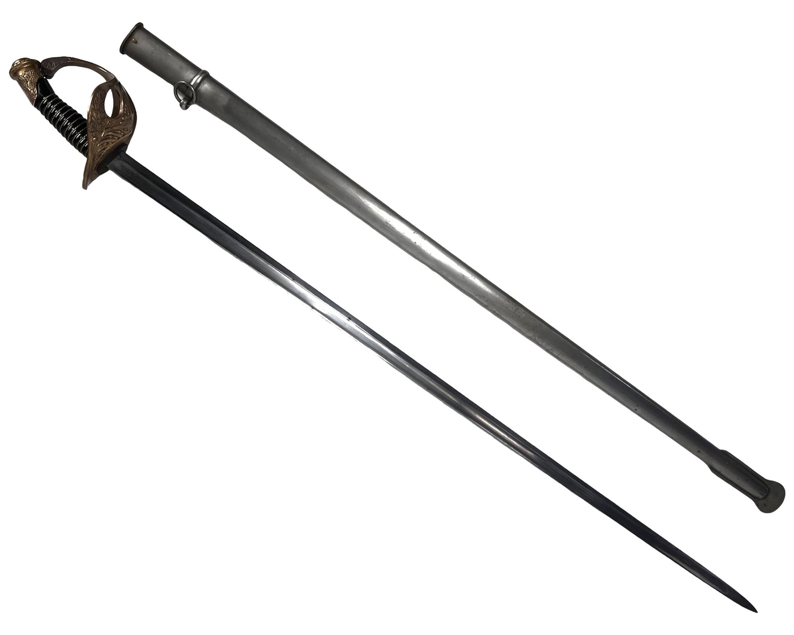 WWI French M1896 Cavalry Officer's Sword: French Model 1896 cavalry officer's sword dating to the early World War I period, with blade dated 1914. This elegant example features a straight, fullered steel blade with visible engraved script