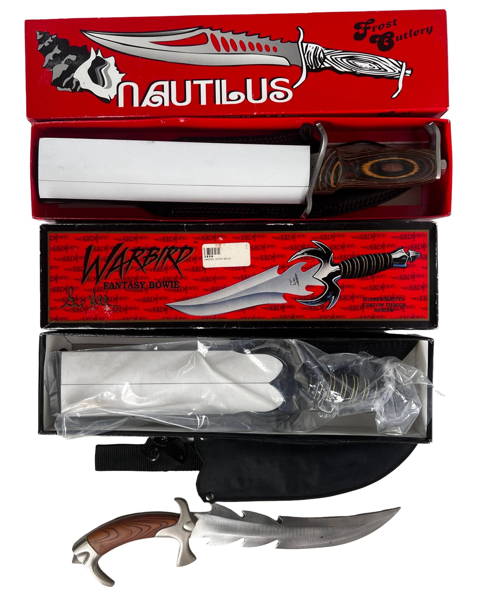 Fantasy Knives Frost Cutlery Nautilus Warbird Bowi: Lot of three fantasy-style knives featuring bold, decorative designs and strong display appeal. Includes a Frost Cutlery "Nautilus" fixed blade with original box, a Warbird Fantasy Bowie knife