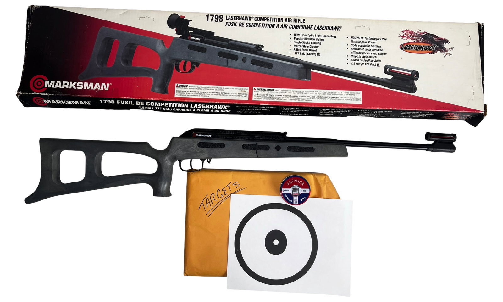Marksman 1798 Laserhawk Competition Air Rifle: Marksman Model 1798 Laserhawk Competition Air Rifle in excellent, near-mint condition, complete with original box, a tin of .177 caliber BBs, and a set of paper targets.