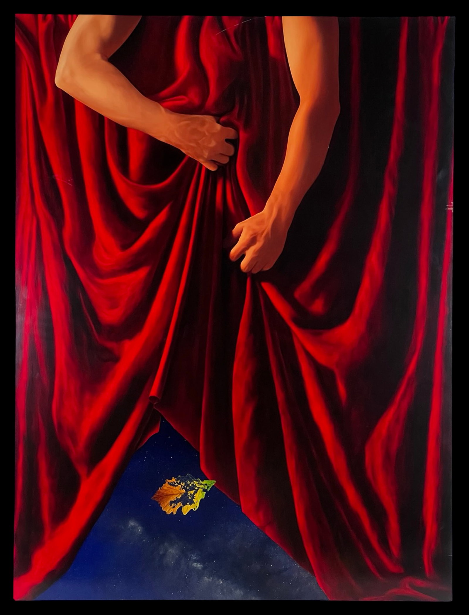 John Sabraw - Surrealist Figurative Oil Painting: Striking large-scale surrealist figurative painting by John Sabraw, titled "Divining the Way" (2008-2009). Executed in oil on aluminum panel, the composition features a dramatic close-up of a human fi