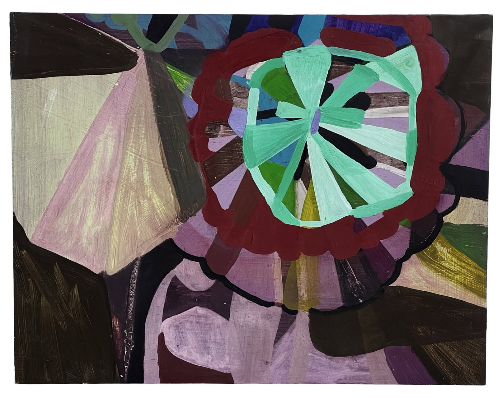 Anna Kunz - Expressionist Painting "Underwater": Dynamic abstract painting by Anna Kunz titled "Underwater" (2009), executed in oil on panel. This vibrant composition features layered geometric and organic forms, with a central radial motif rendered