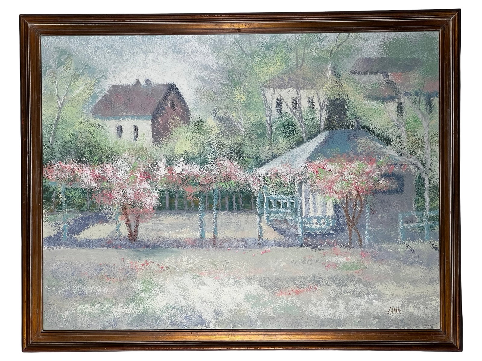 Impressionist Landscape Garden Scene Oil Painting: Charming Impressionist-style landscape painting depicting a serene garden setting with blooming trees, a pergola, and cottages nestled among soft greenery. The composition is rendered in a delicate, p