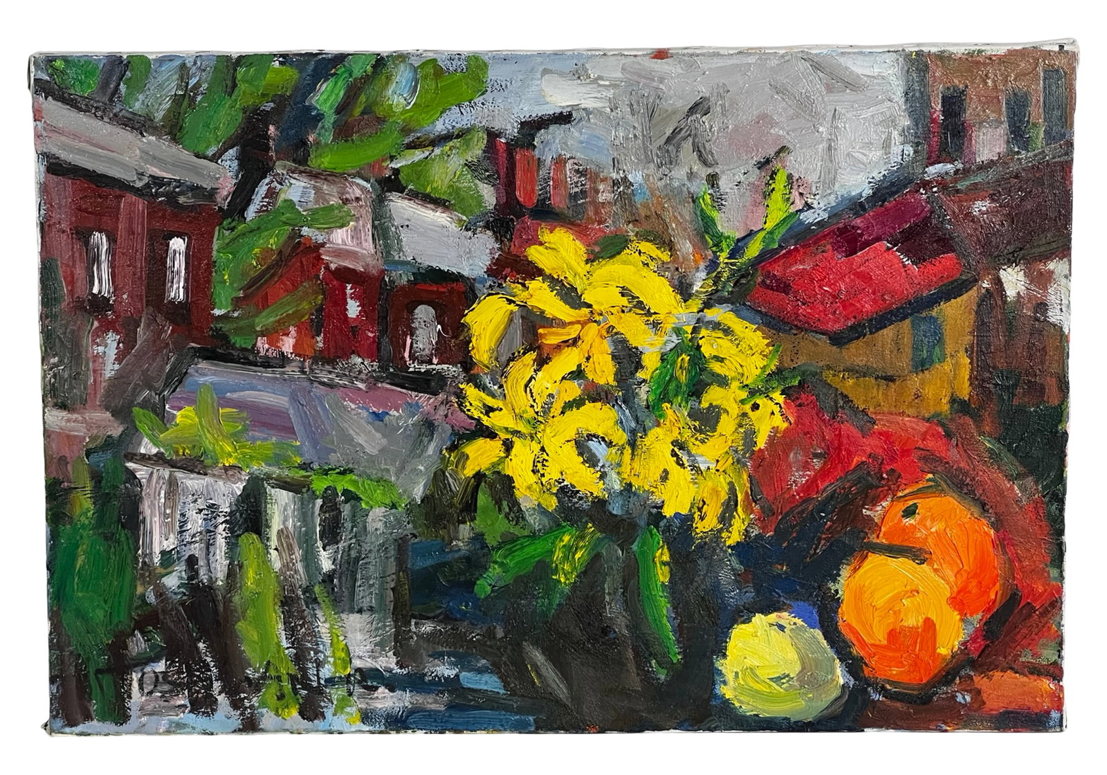 Impressionist Still Life Landscape Oil Painting: Vibrant Impressionist-style oil painting on canvas depicting a lively still life of yellow flowers in a dark vessel set against a colorful village backdrop. The composition blends interior and exterio