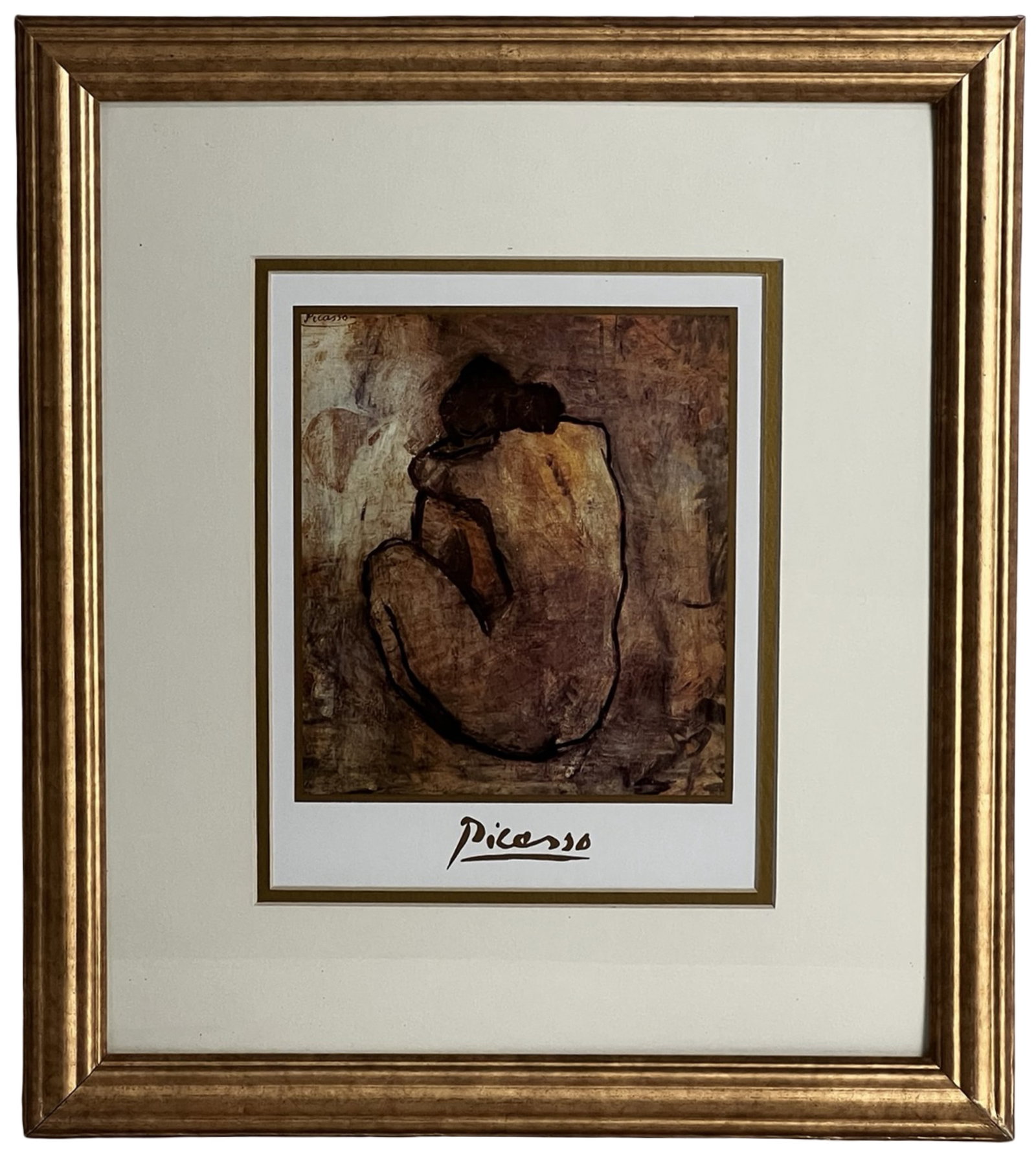 Pablo Picasso "Blue Nude" Figural Lithograph Print: Figural lithograph after Pablo Picasso titled "Blue Nude," capturing the artist's iconic exploration of the human form through expressive line and earthy tonal palette. The composition presents a