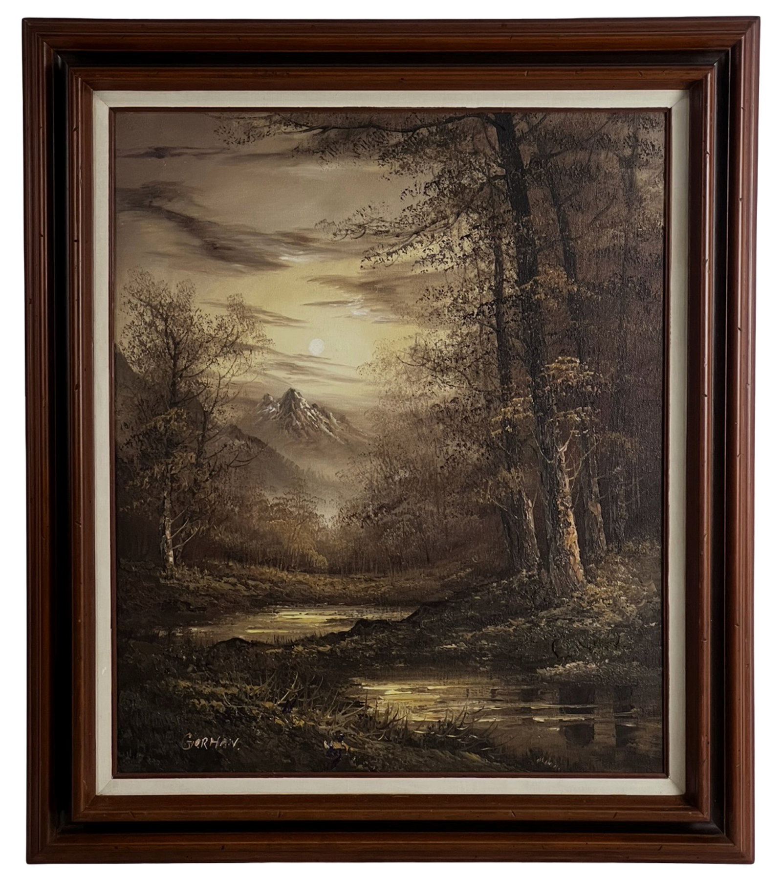 Mountain Landscape Oil Painting by Gorman: Atmospheric vintage oil painting depicting a serene mountain landscape with a winding stream, wooded foreground, and distant snow-capped peaks beneath a glowing sky. The composition captures a