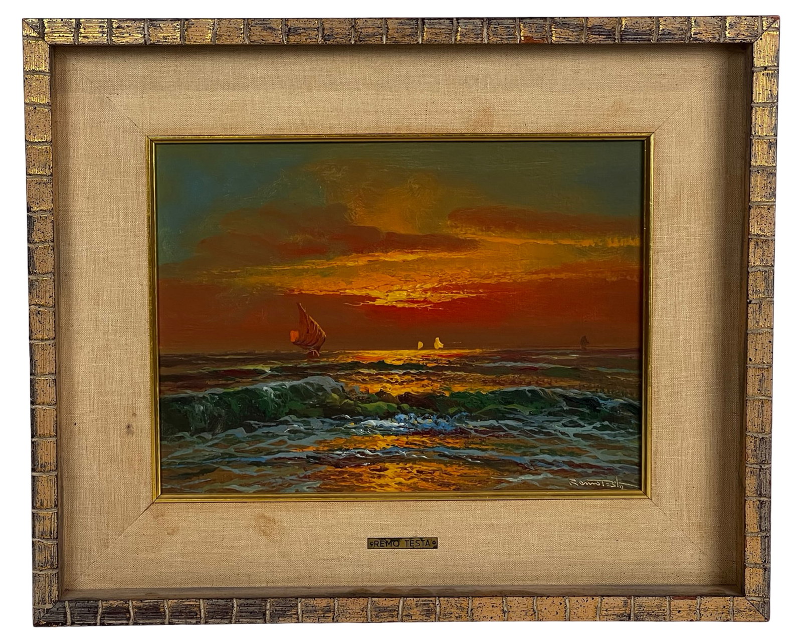 Remo Testa Seascape Sunset Oil Painting: Atmospheric seascape oil painting by Remo Testa depicting a glowing sunset over rolling ocean waves. The composition captures the dramatic moment as the sun dips below the horizon, casting radiant