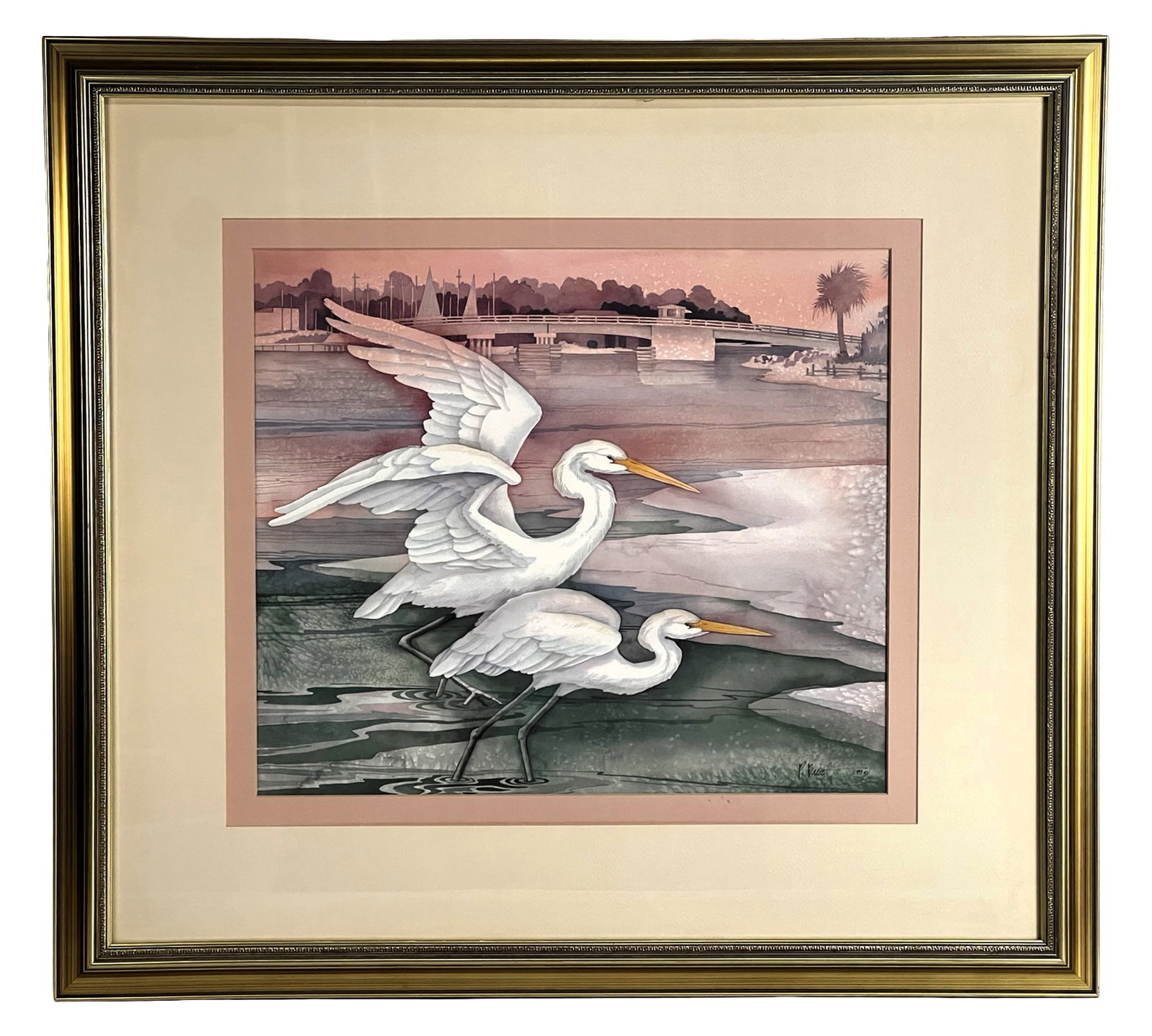 Paul Brent "Egrets at Tarpon Dock" Fine Art Print: Decorative framed print titled "Egrets at Tarpon Dock" by Paul Brent, featuring a serene coastal scene with two elegant egrets wading along the shoreline. The composition captures soft pastel tones