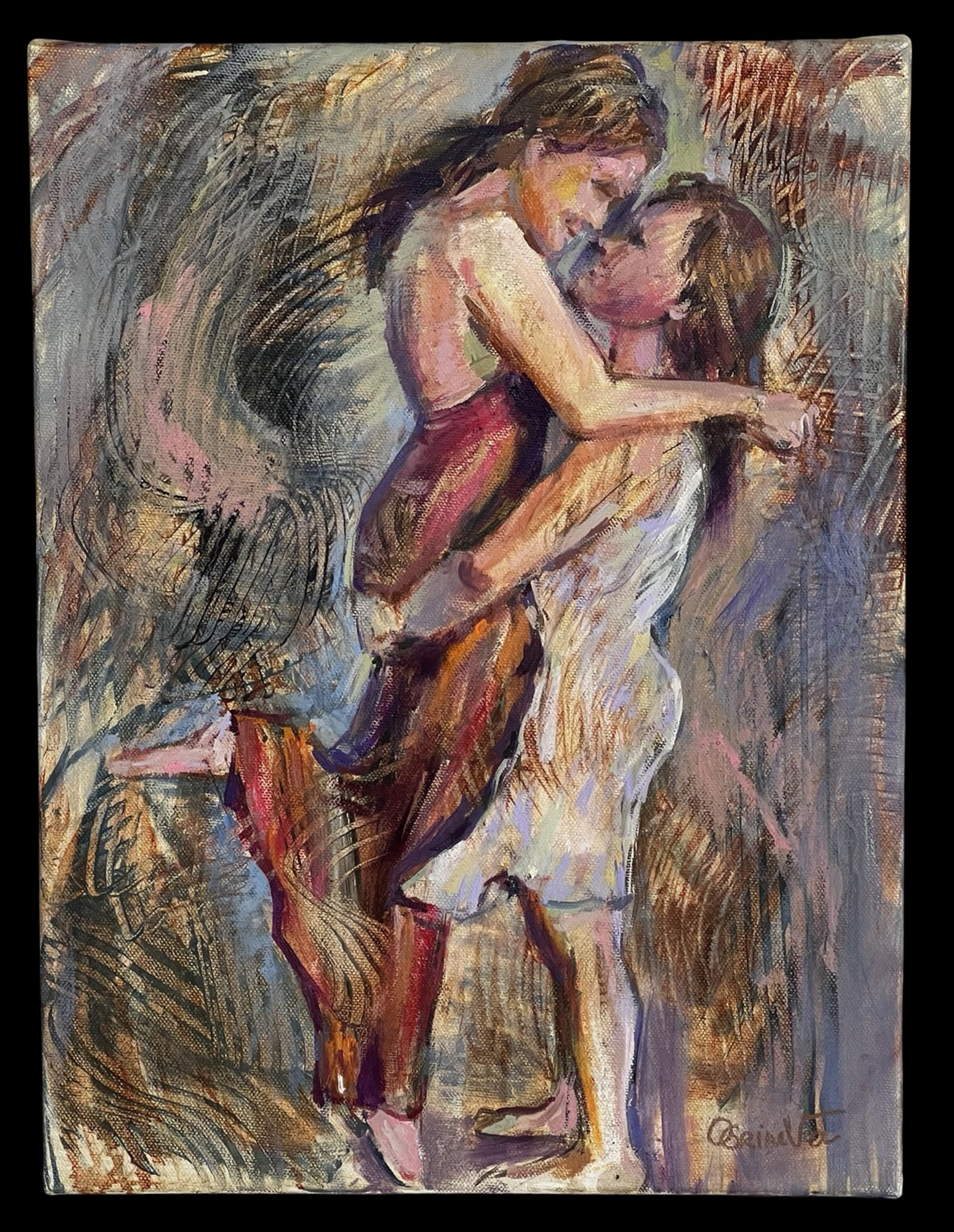 Oksana Grineva Expressionist Romantic Painting: Expressive romantic figurative oil painting by Oksana Grineva depicting an intimate couple in a tender embrace. The composition captures a moment of emotional connection through fluid movement and