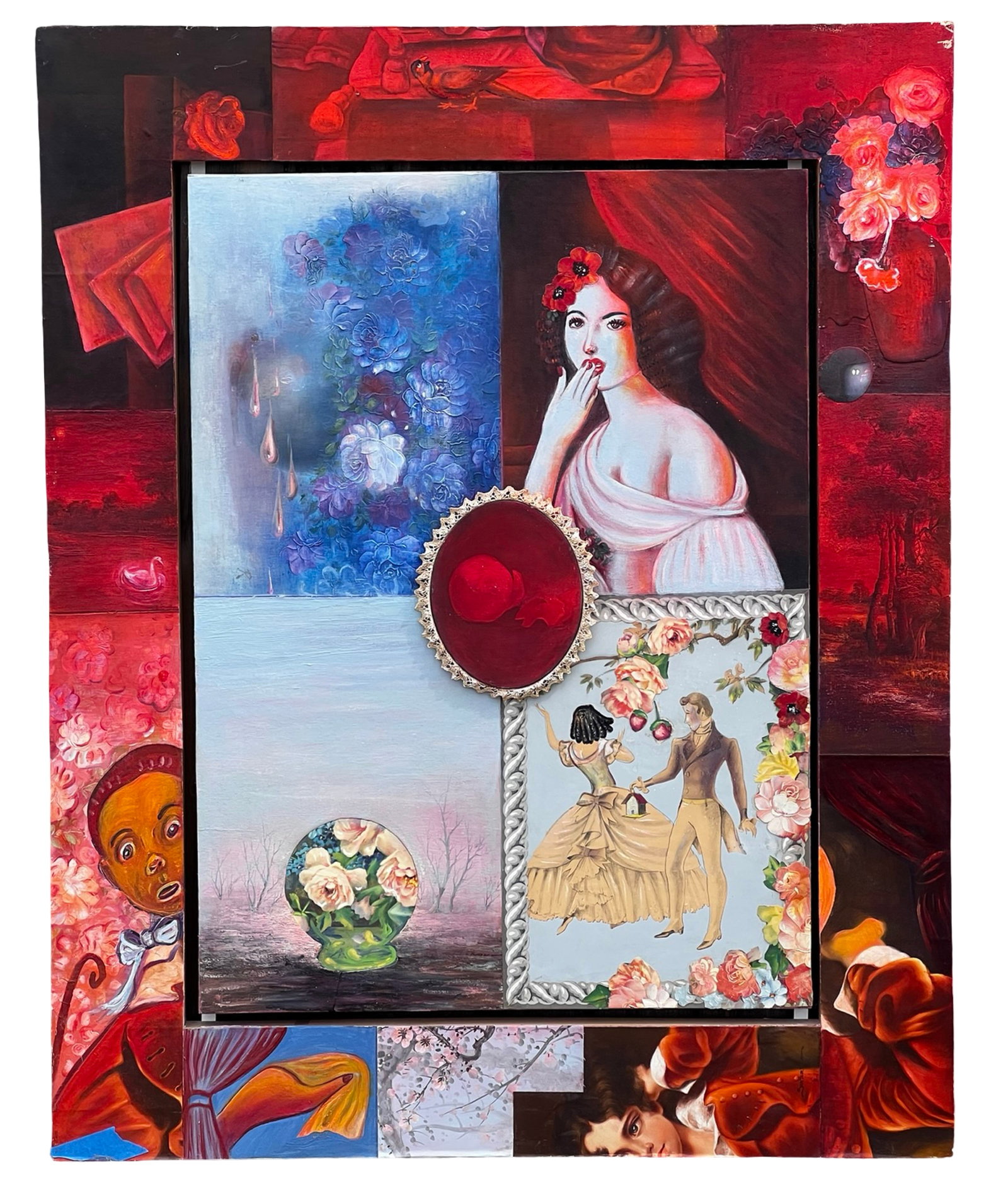 Phyllis Bramson Mixed Media Oil & Collage Painting: Large-scale and visually striking mixed media painting titled "The Last Dance" by Chicago artist Phyllis Bramson. Executed in oil and collage on canvas, mounted on wood, the composition presents a