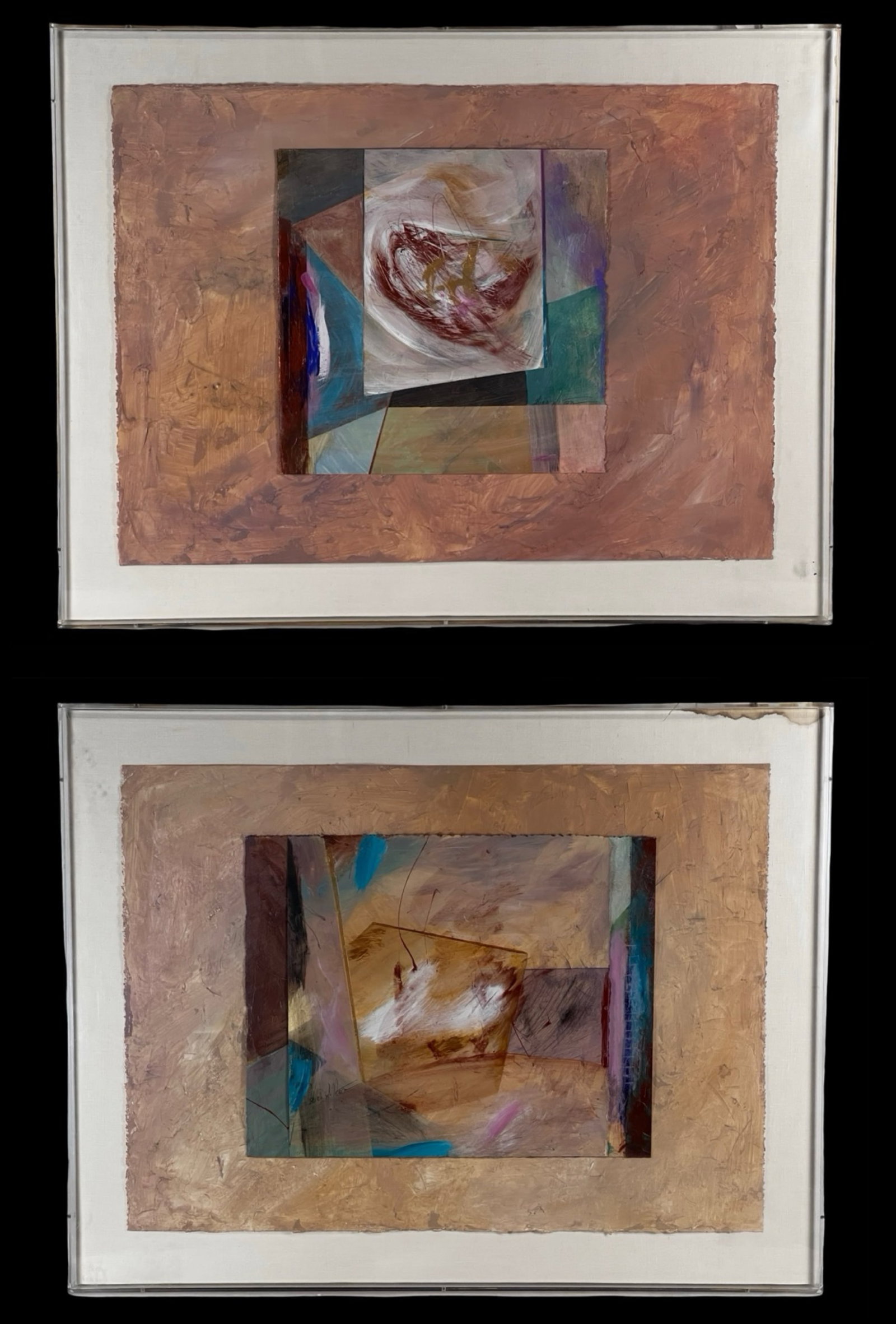 Alice Weston - Abstract Mixed Media Paintings: Striking pair of abstract mixed media compositions signed "Alice Weston" lower left. Each work features layered geometric forms and expressive brushwork, blending painterly textures with soft color fi