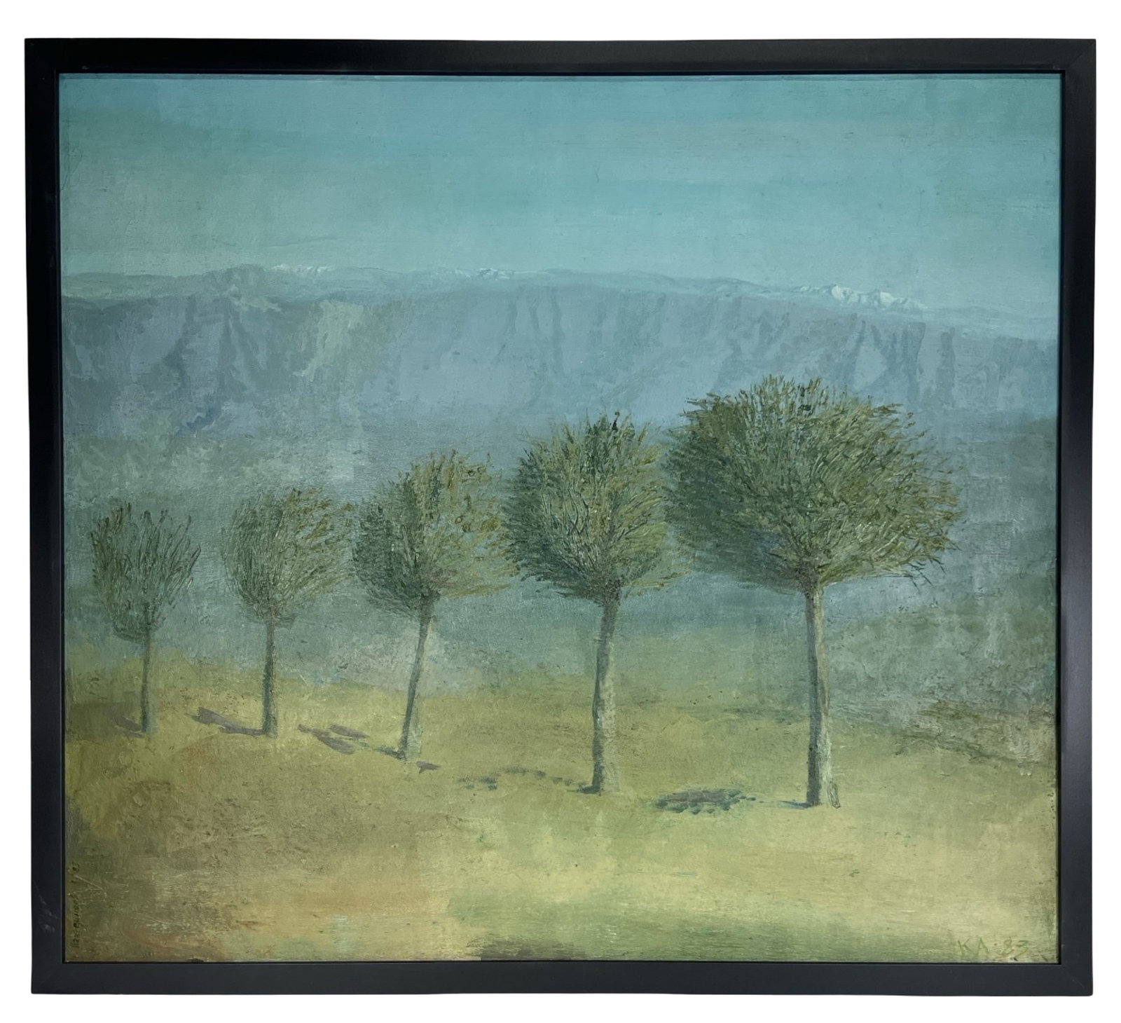 Alexey Kantemirov - Ukrainian Landscape Painting: Atmospheric oil painting on canvas by Ukrainian artist Alexey Kantemirov, depicting a row of wind-swept trees set against a soft, misty landscape. The composition is rendered in a restrained palette o