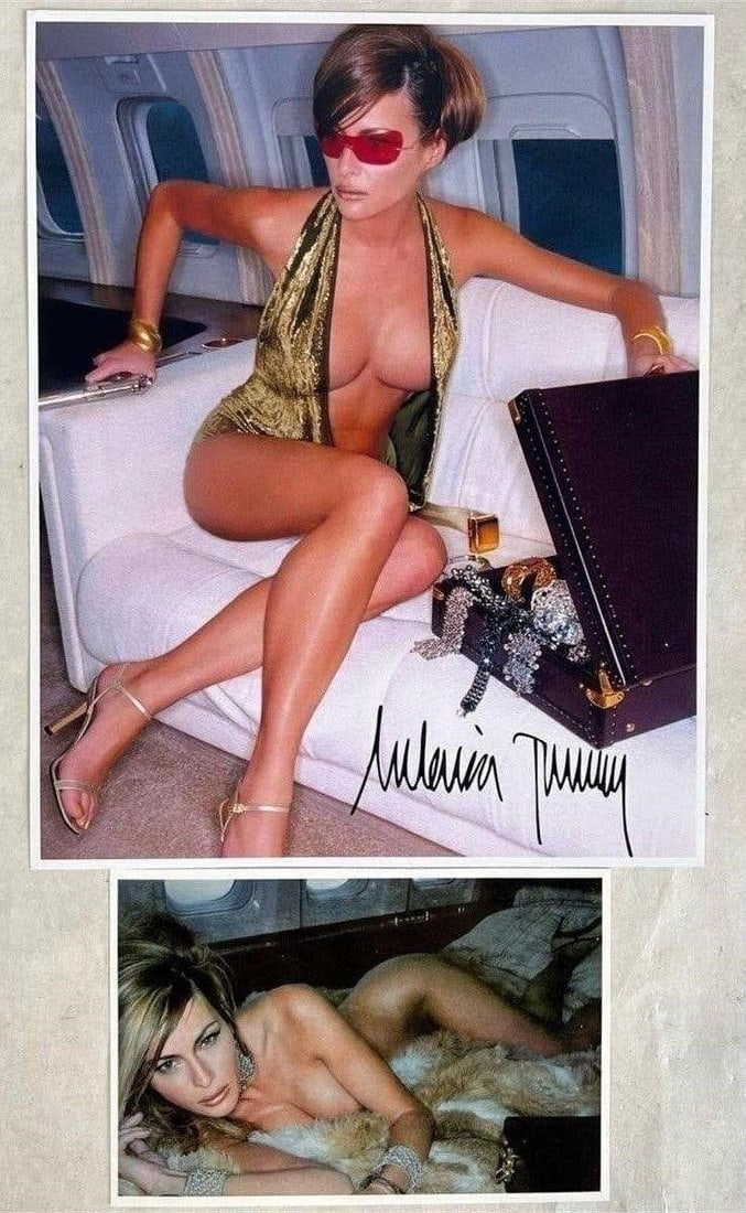Melania Trump Sexy Celebrity Photographs: Pair of eye-catching photographs depicting Melania Trump aboard a private jet. The 8" x 10" image presents a confident, high-fashion pose with a glamorous edge, while the 6" x 4" photograph shows a mo