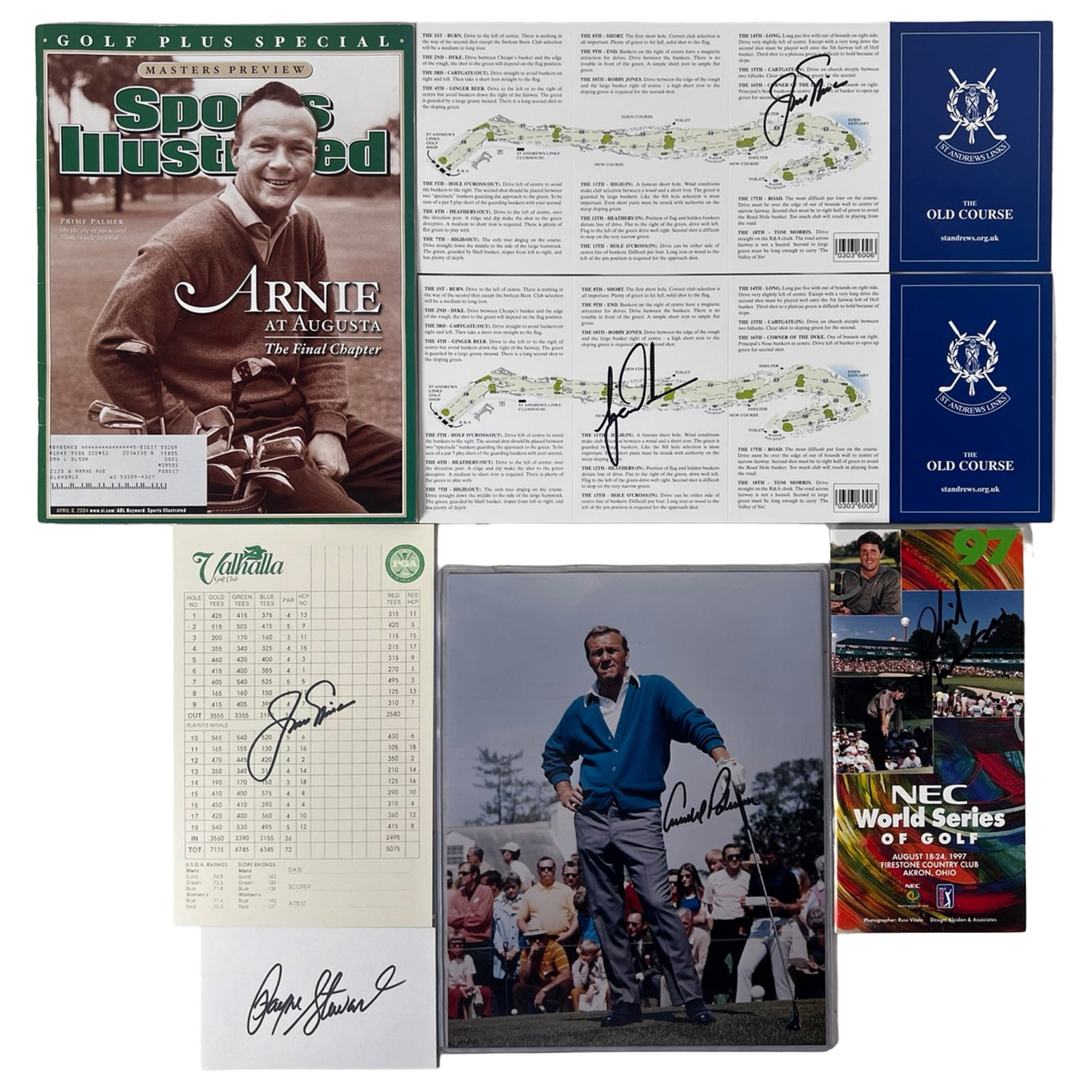 Golf Legends Autograph Collection - Woods, Palmer,: Impressive multi-piece golf memorabilia collection featuring signatures from some of the game's greatest icons, including Tiger Woods, Jack Nicklaus, Arnold Palmer, Payne Stewart, and Phil Mickelson.H