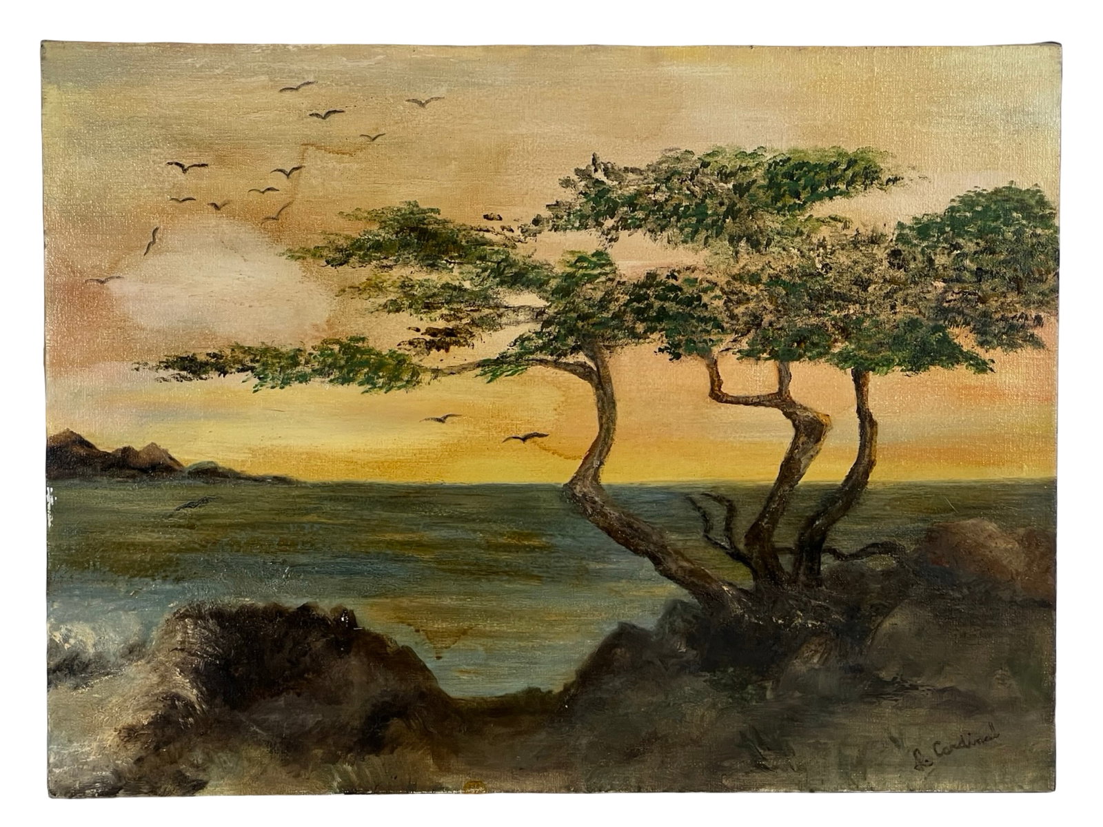 L. Cardinal Romantic Coastal Landscape Painting: Atmospheric oil painting depicting a tranquil coastal landscape with windswept trees, distant shoreline, and birds in flight under a warm sky. Signed lower right "L. Cardinal." Executed in a soft, ton