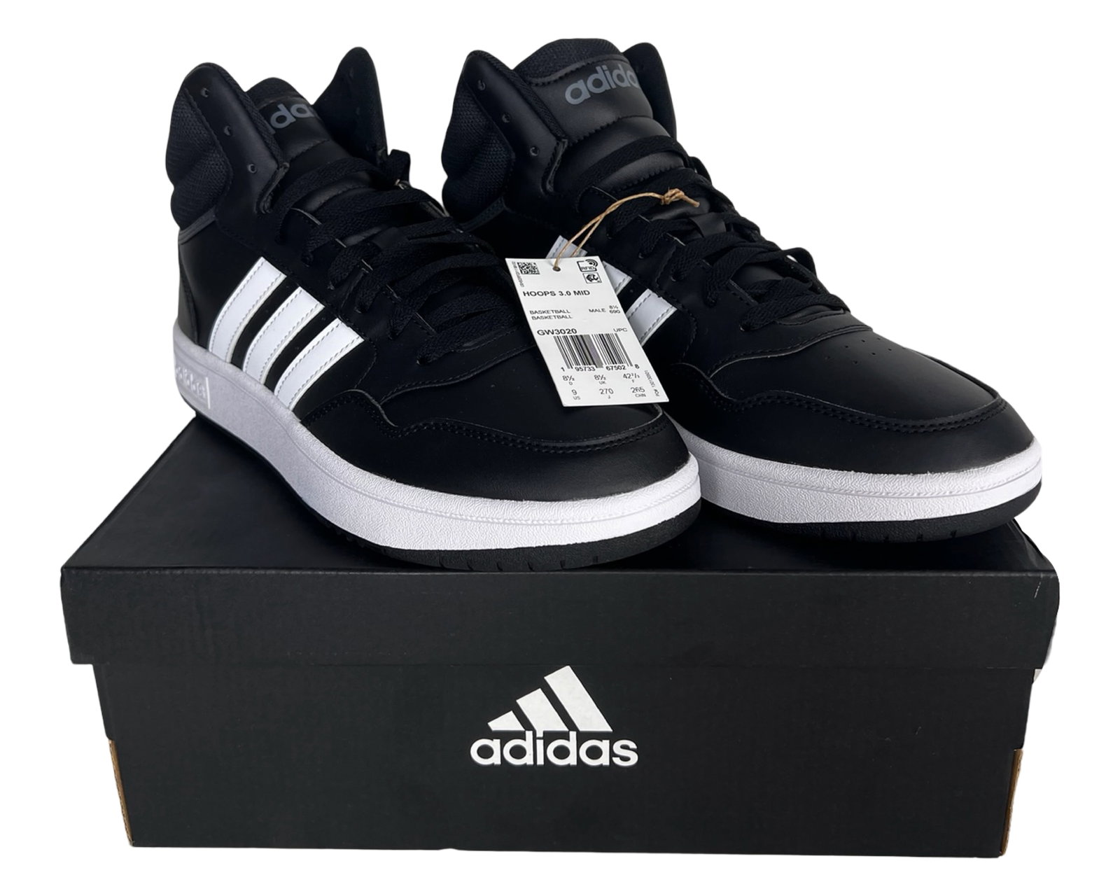 Adidas Hoops 3.0 Mid Basketball Sneakers Siz 9 New: Brand new Adidas Hoops 3.0 Mid basketball sneakers featuring a clean black upper with classic white three-stripe design. These mid-top sneakers offer a timeless court-inspired look combined with every