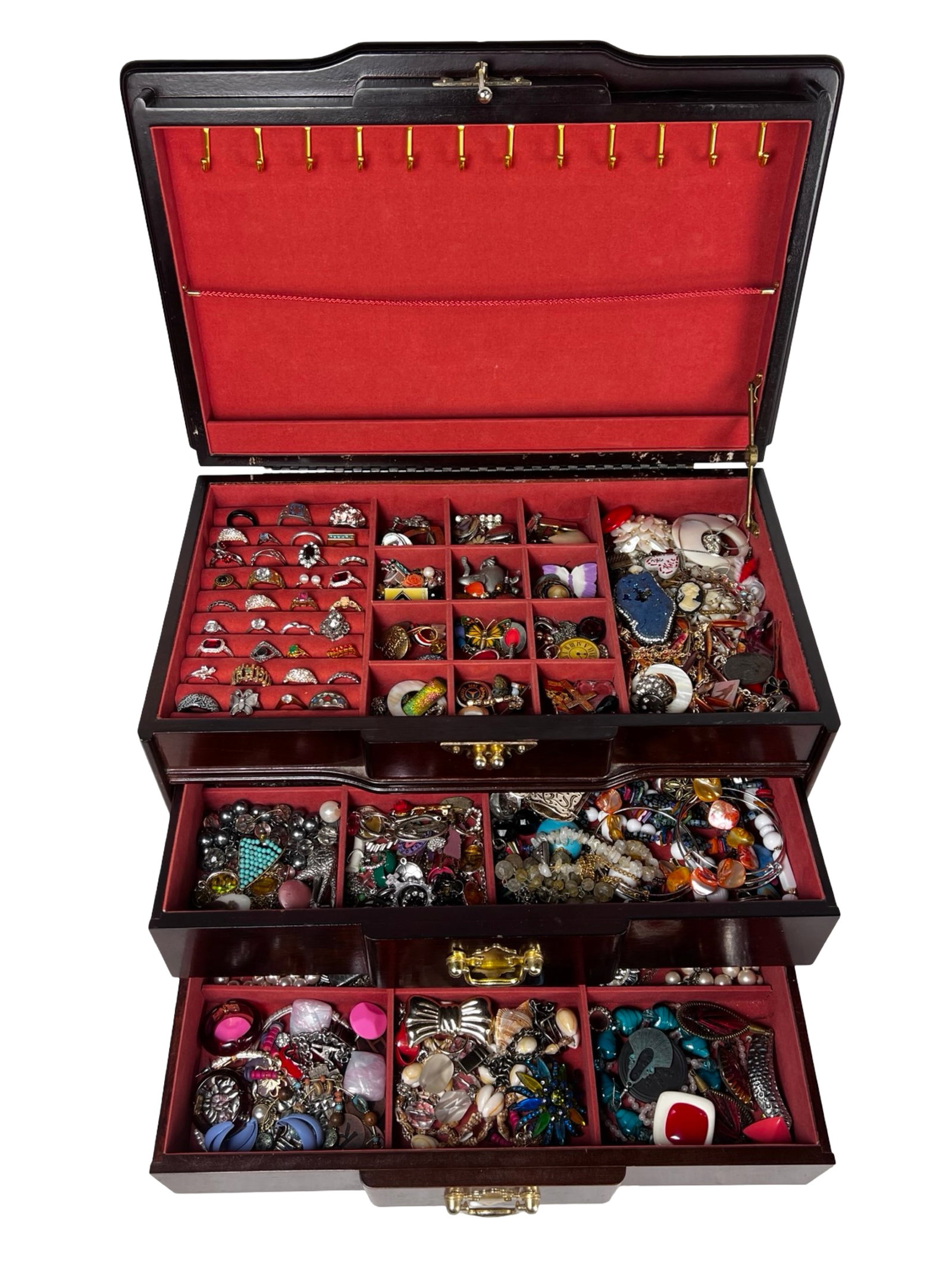 Large Jewelry Box Filled w Vintage Costume Jewelry: Unlock the secrets of the past with this large vintage jewelry box filled with unsearched treasures. Each compartment holds the promise of discovering unique pieces from bygone eras, offering a mix of