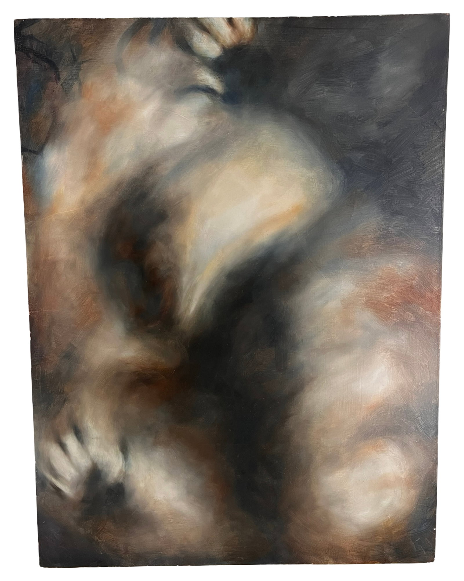 Dolan SP - Abstract Figurative Oil Painting: Atmospheric abstract figurative oil painting by Dolan SP, signed on the side and dated 2001. Executed in a moody contemporary abstract expressionist style, the composition suggests a blurred, emerging