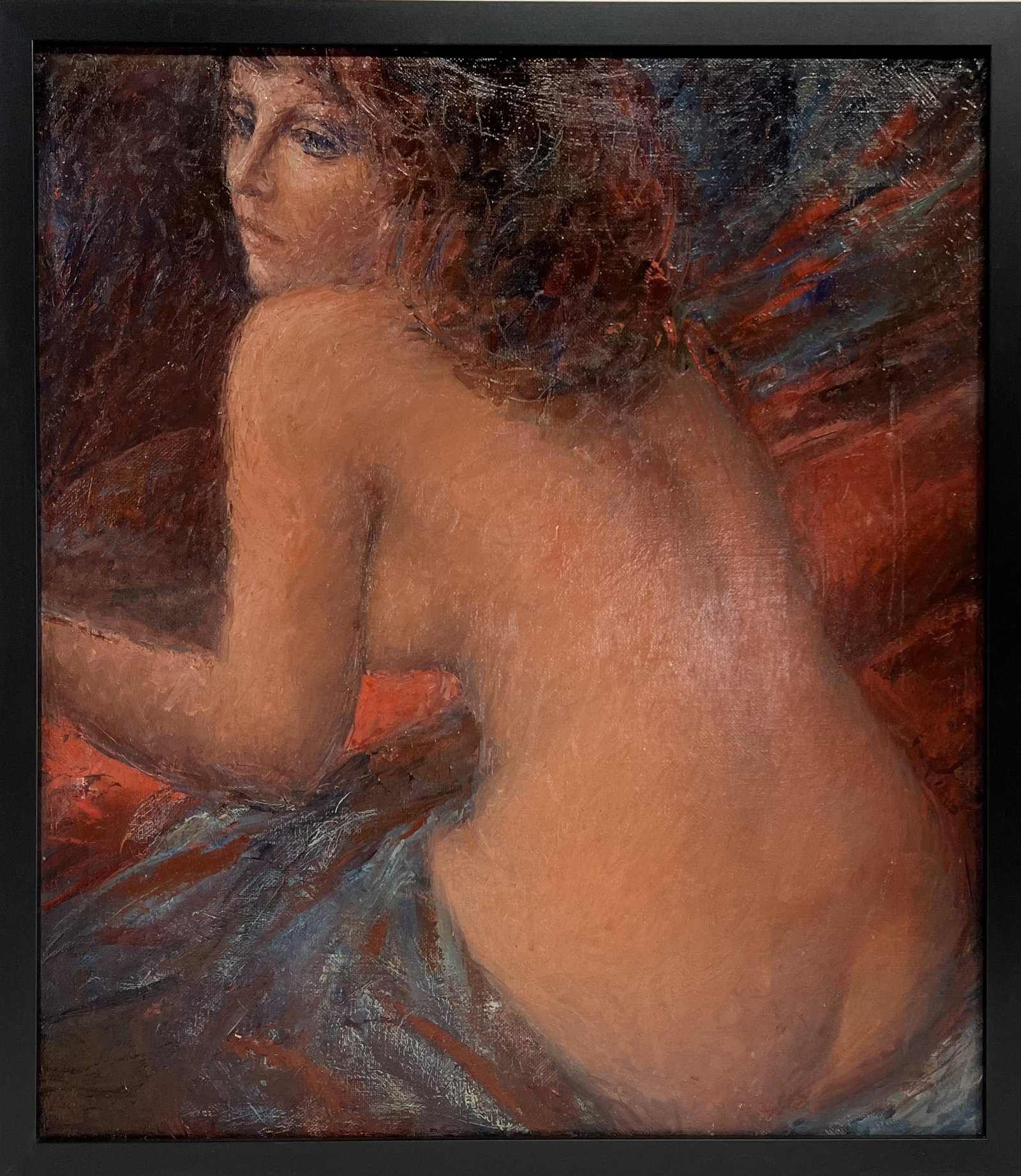 Alexander Volchenko Expressionist Nude Painting: Expressive oil painting on canvas by Alexander Volchenko, depicting a seated female nude rendered with rich, textured brushwork and warm, atmospheric tones. The composition emphasizes form and movemen