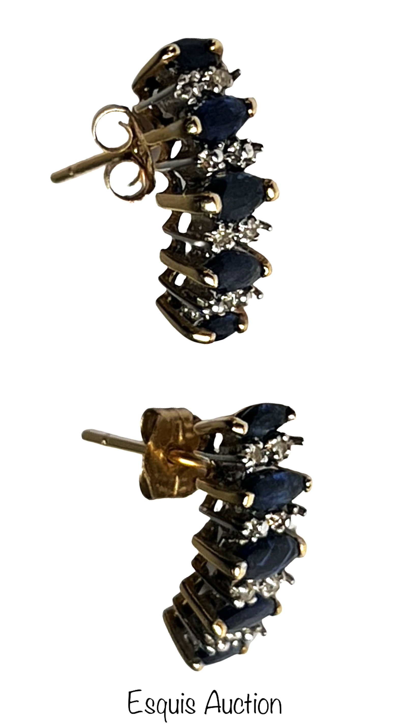 10k Gold Sapphire & Diamond Cluster Earrings: Elegant pair of 10k yellow gold earrings featuring a curved cluster design set with deep blue marquise-cut sapphires, accented by small round diamonds. The tiered arrangement creates a dimensional, fl