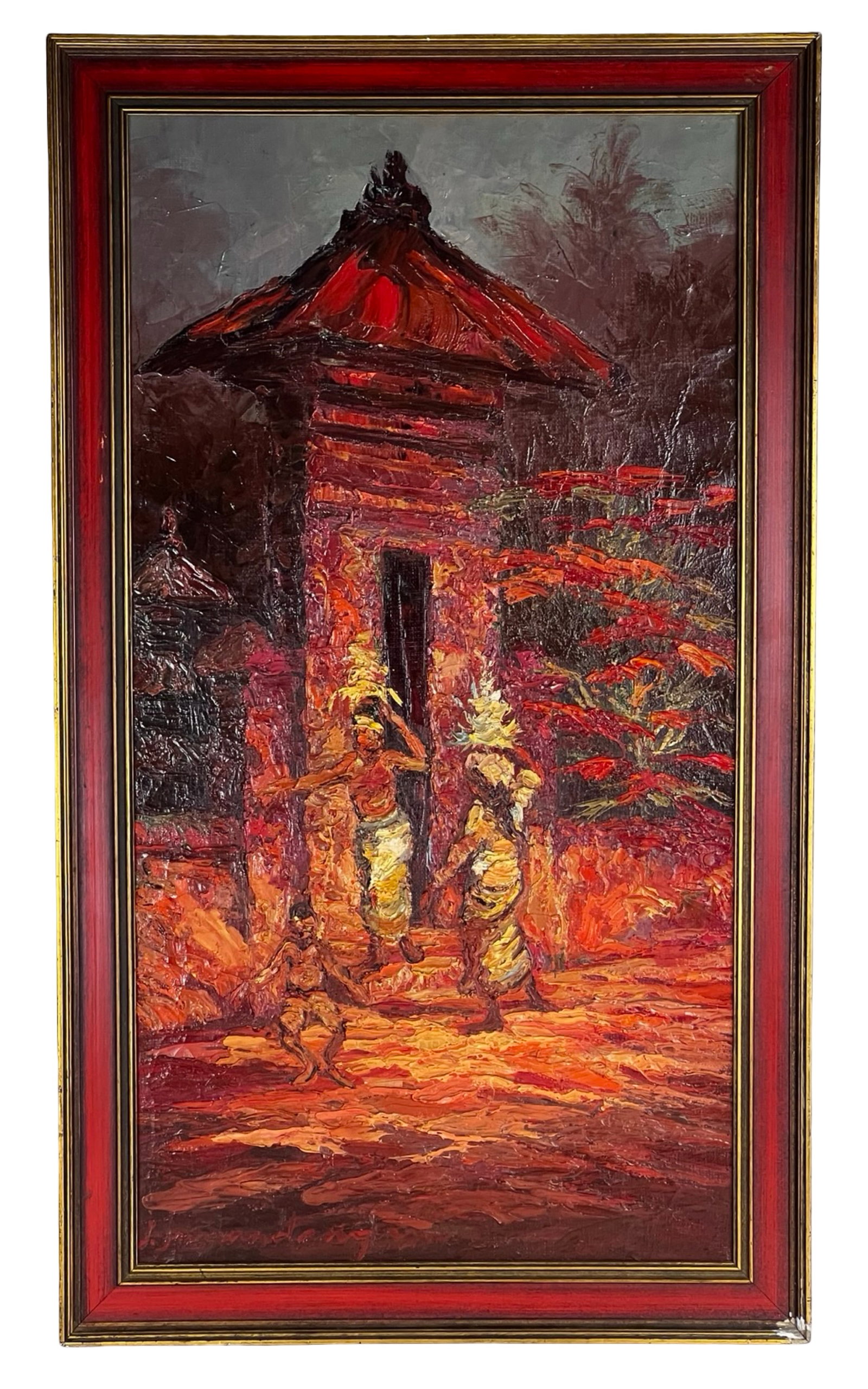 Impressionist Figural Village Scene Oil Painting: Expressive oil on canvas painting depicting a lively village scene with figures gathered near a temple-like structure, rendered in a rich palette of warm reds, oranges, and earthy tones. The compositi