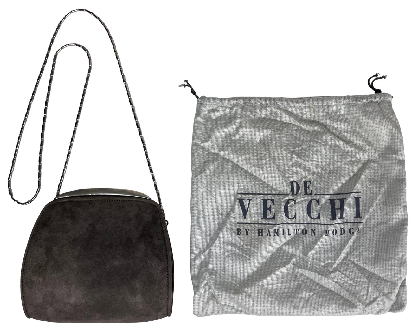 De Vecchi by Hamilton Hodge Suede Mini Evening Bag: Chic and compact De Vecchi by Hamilton Hodge handbag crafted in soft suede with a structured mini silhouette. This elegant piece features a sleek top zip closure and a delicate metal chain strap, maki