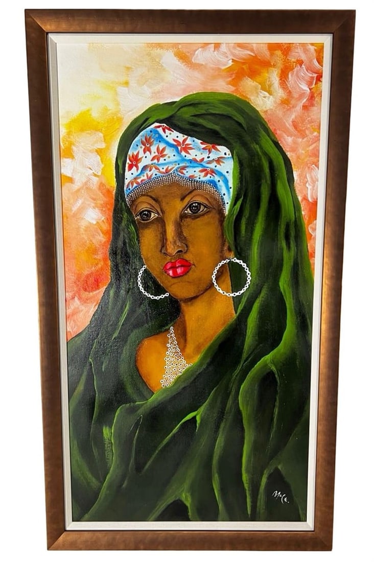 Figural Portrait Oil Painting Woman in Green Veil: Striking oil on canvas portrait featuring a stylized female figure wrapped in a flowing green veil. The composition is brought to life with bold details including vivid pink lips, hoop earrings, and l