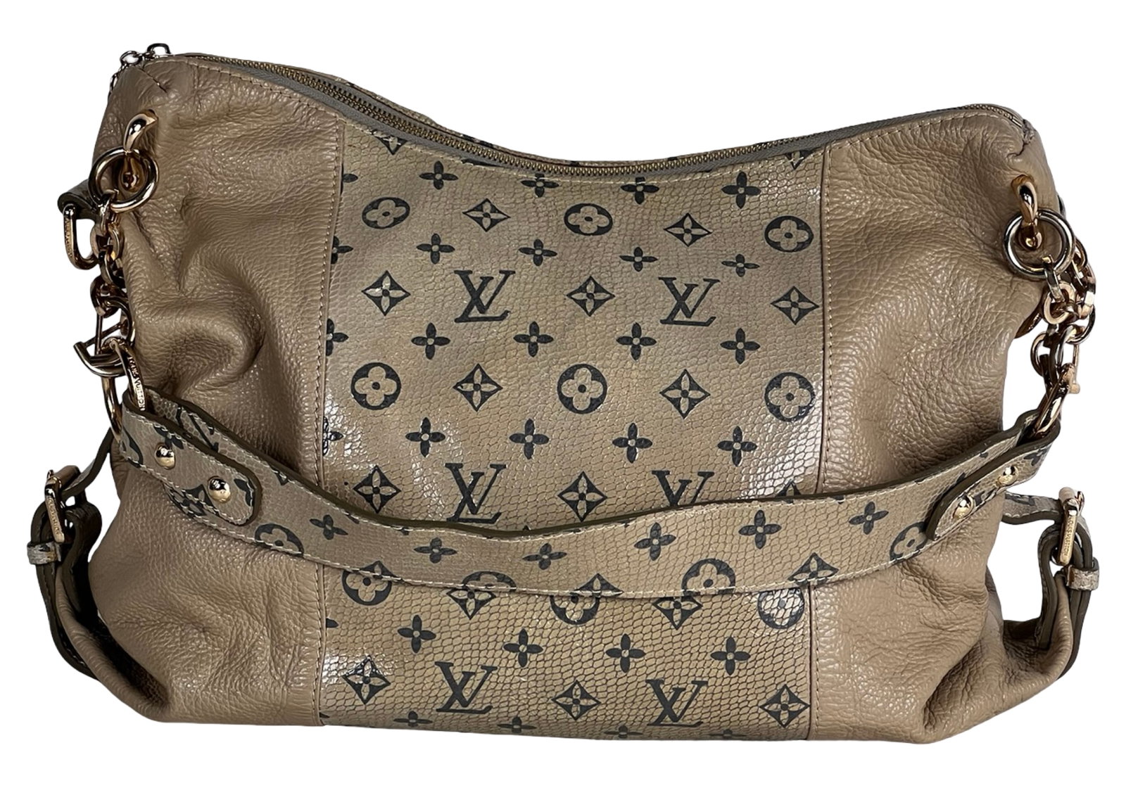 Mahina Beaubourg Hobo MM Galet Shoulder Bag: Stylish Mahina Beaubourg Hobo MM bag in a soft galet-toned leather, featuring a slouchy silhouette with perforated monogram-style patterning. The design includes a wide adjustable shoulder strap, gold