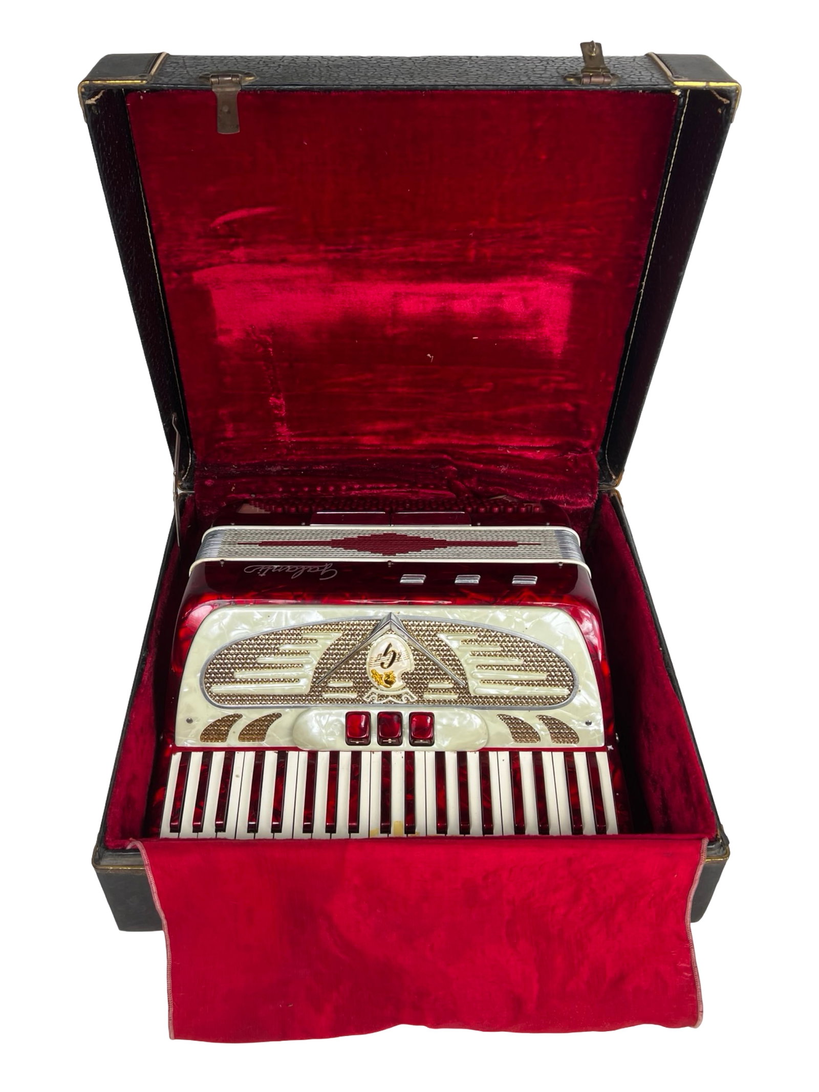 Vintage Galanti Featherweight 320M Piano Accordion: Vintage Galanti Featherweight 320M piano accordion, made in Italy, featuring an eye-catching red marbled finish with cream and chrome accents. This classic mid-century instrument offers a full